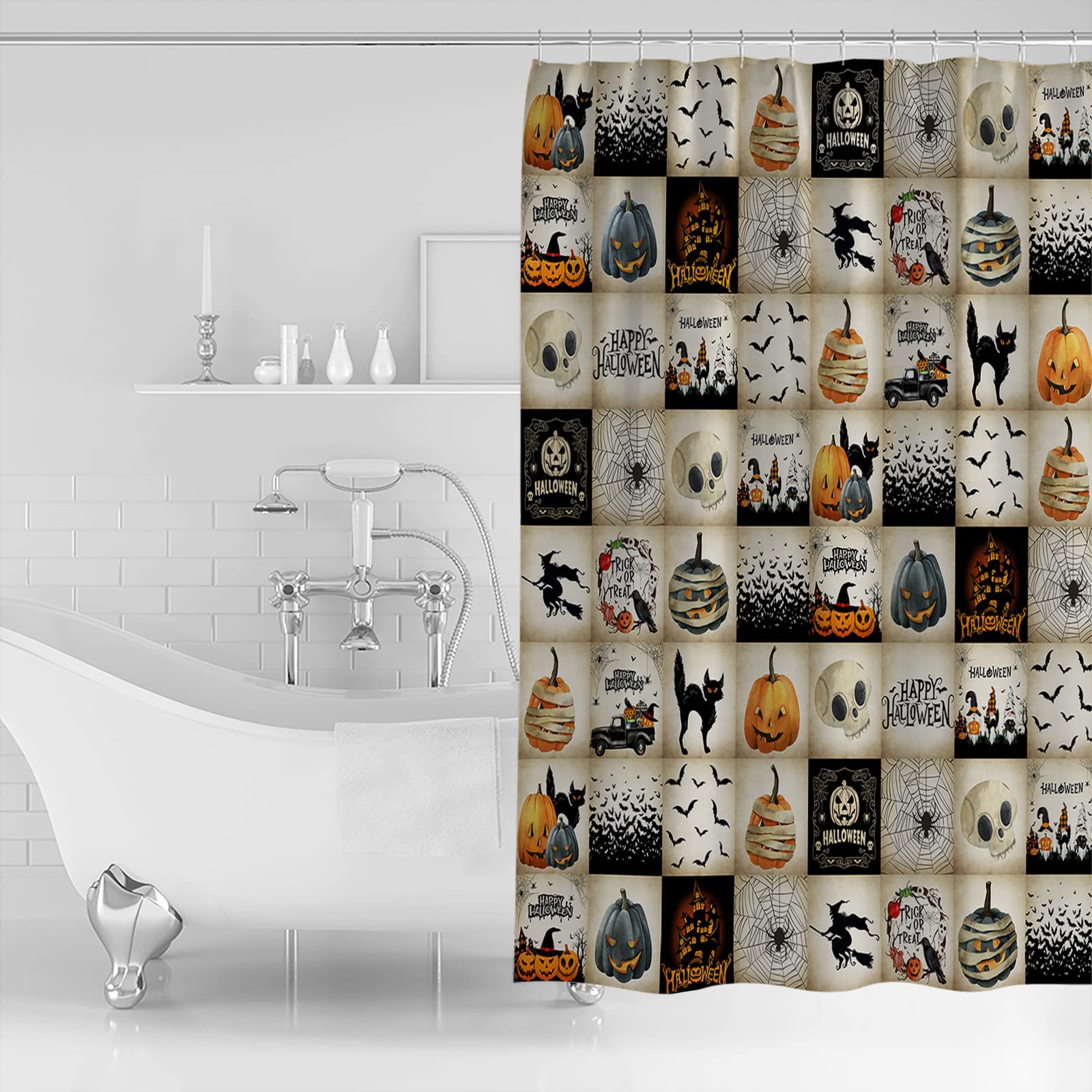 Happy Halloween Pumpkin Gnome Black Cat Bat Skull Plaid Waterproof Fabric Shower Curtain 60x72 Inch with Hooks - Bathroom Decor for Spooky Season, Halloween Party & Gothic Home Decor
