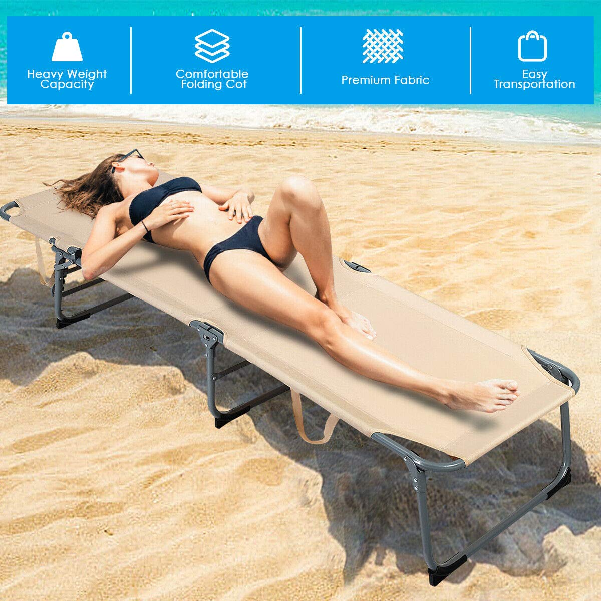 Adjustable Folding Chaise Lounge Chair Bed - Portable Recliner for Beach, Patio, Camping & Indoor Use - Outdoor & Living Room Furniture - Perfect for Relaxing, Sunbathing, and Lounging