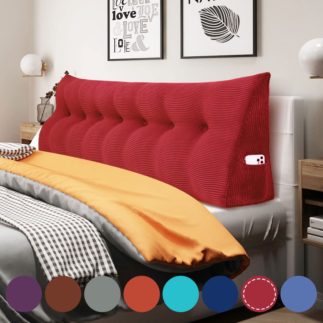 WOWMAX Wedge Body Pillow for Reading & Bedrest - Large Lumbar Support Cushion with Removable Corduroy Cover (Red, 76x8x20 Inch) - Perfect for Daybeds, Sofas & Back Pain Relief