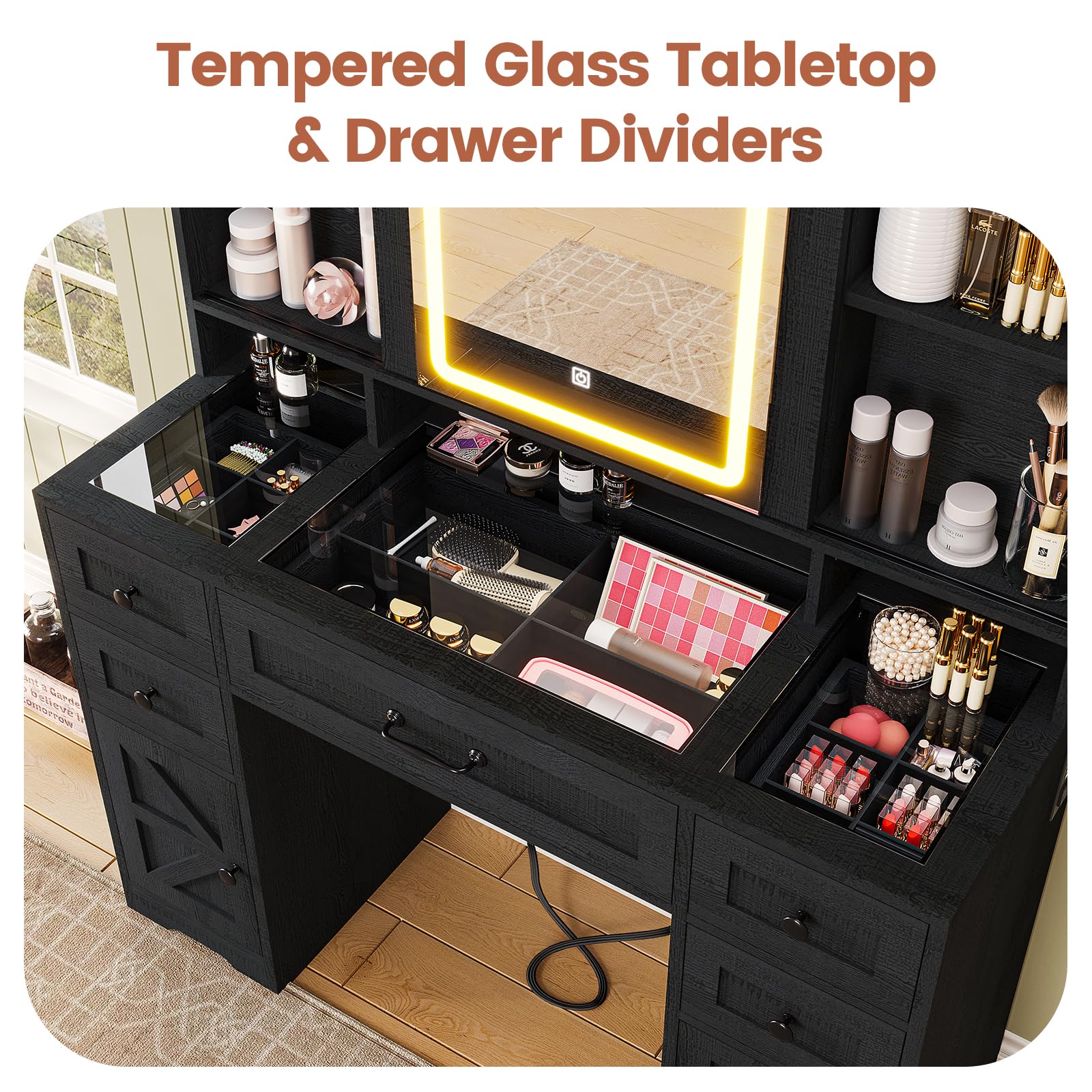 Farmhouse Makeup Vanity with LED Lights & Sliding Mirror - Glass Top Vanity Desk with USB Charging Station - Large Makeup Table with 5 Drawers, Shelves & Cabinets - Wood-Grain Black Finish - Perfect for Bedroom, Dressing Room & Bridal Suite Makeup Organization