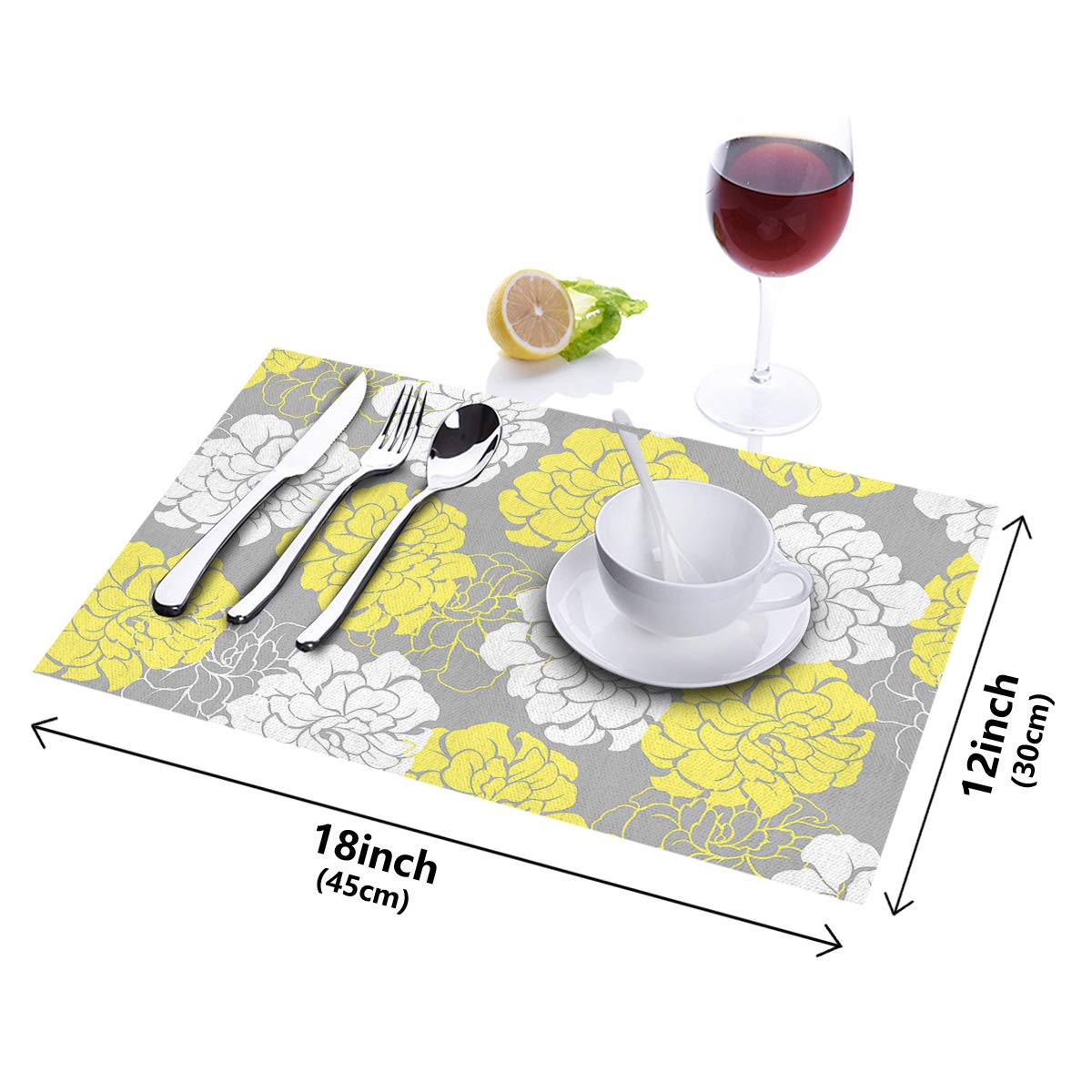 Peony Flower Floral Placemats Set of 4 - Yellow Cotton Linen Heat Resistant Table Mats, Non-Slip Washable Kitchen Dining Mats for Holiday Banquet & Home Decor - Perfect for Thanksgiving, Christmas, and Everyday Use