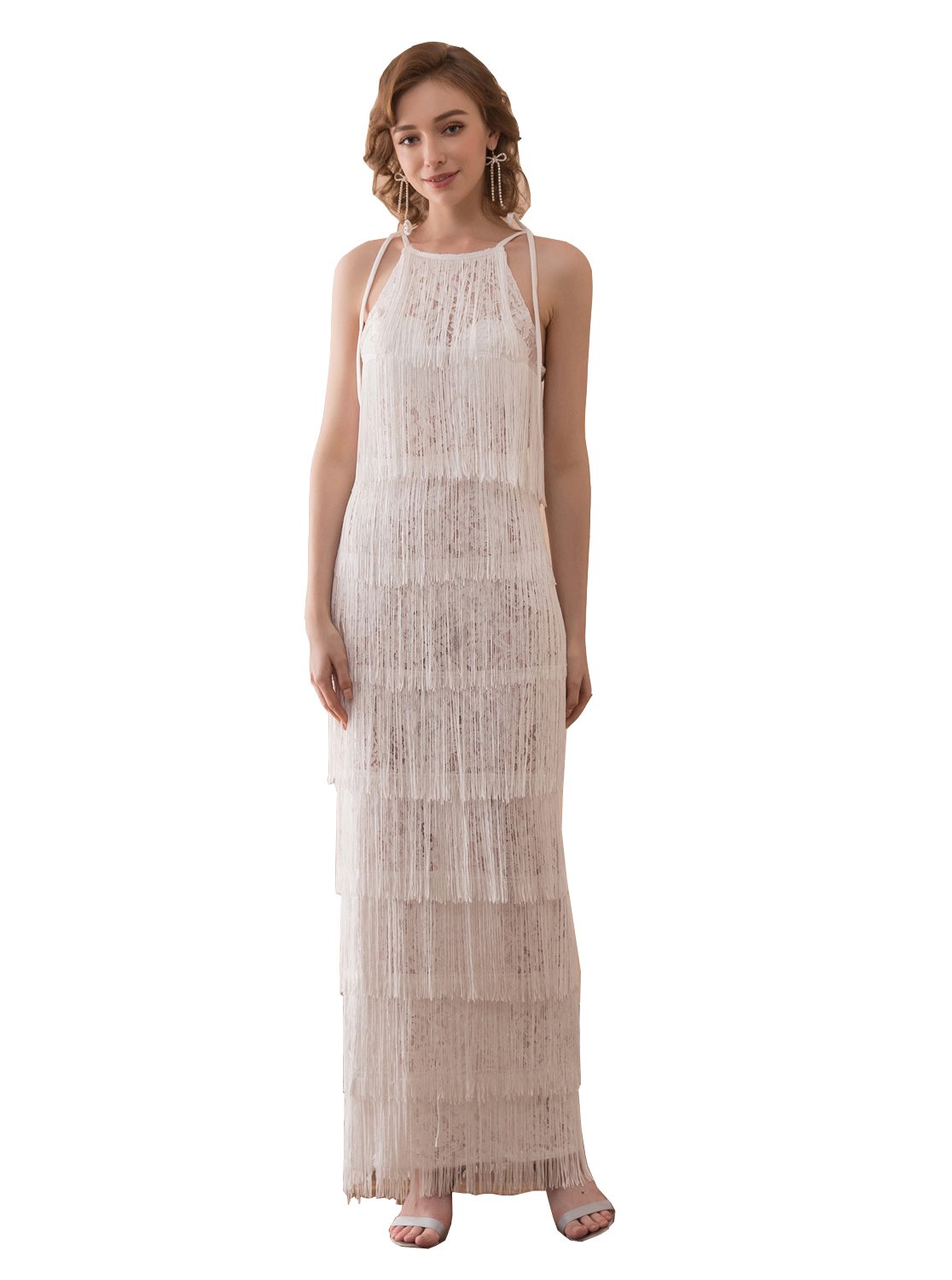 Elegant Women's Halter Lace Tassel Sleeveless Sheath Beach Wedding Dress - Perfect for Beach Weddings, Summer Parties & Boho Bridal Events