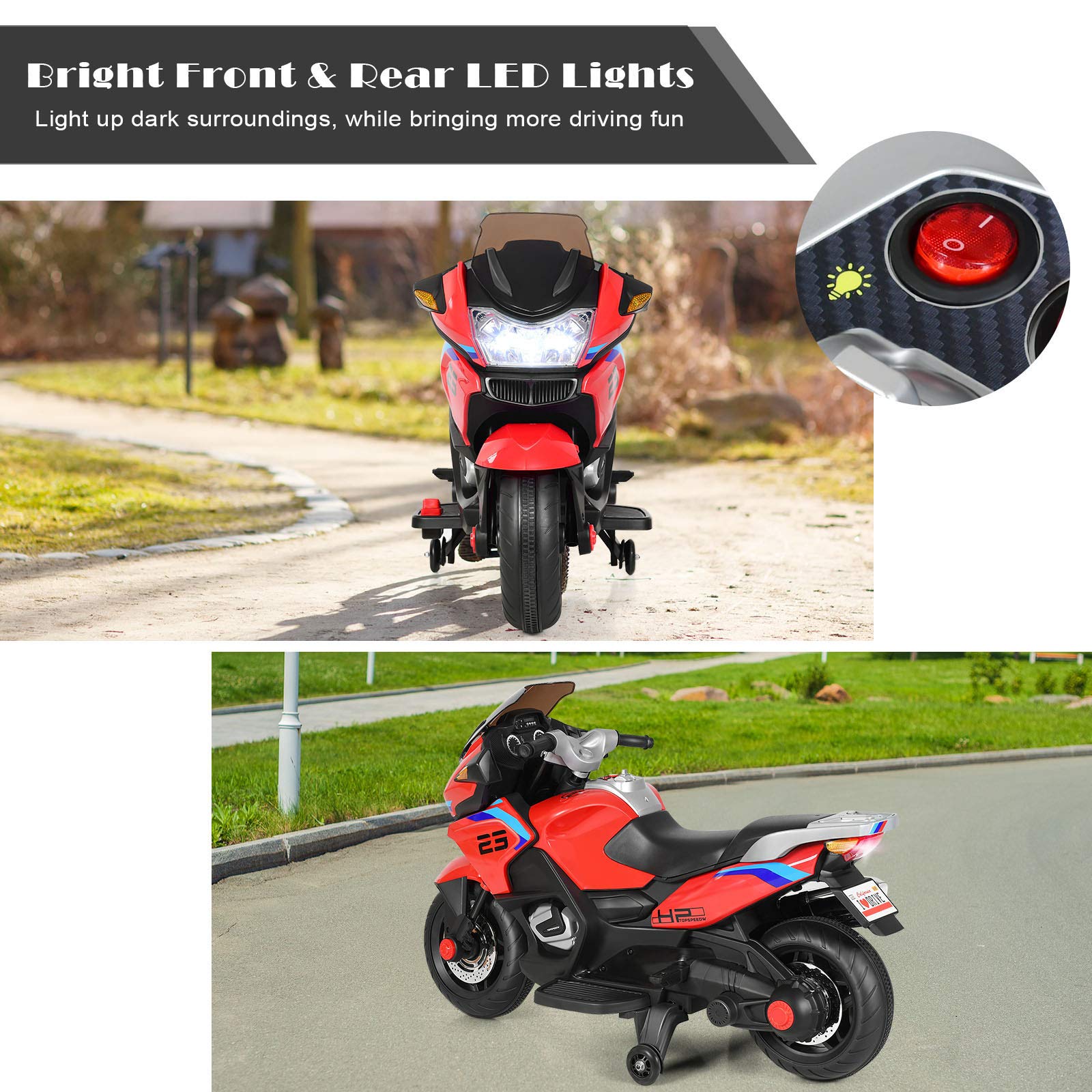 Costzon 12V Electric Ride On Motorcycle for Kids - Battery Powered Toy Bike with Training Wheels, LED Lights, Music & Pedal - Forward/Reverse Function - Perfect Gift for Boys & Girls (Red) - Ideal for Indoor Play, Backyard Fun & Birthday Presents