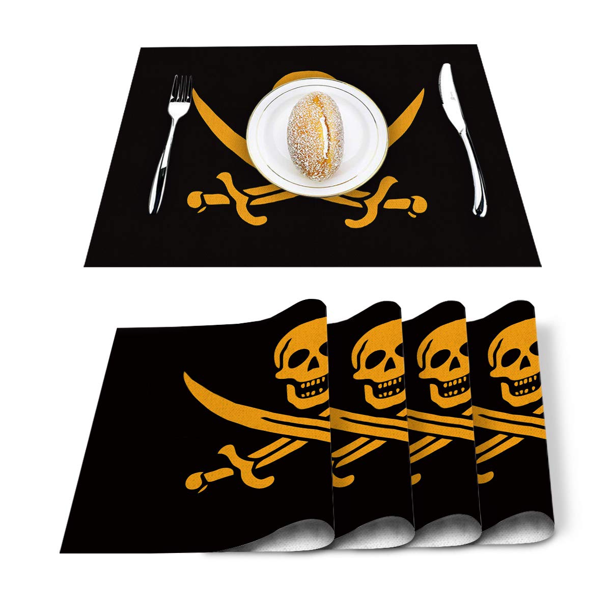 Gold Skull Buccaneer Placemats Set of 4 - Cotton Linen Heat Resistant Non-Slip Washable Table Mats for Holiday Banquet, Dining & Kitchen Decor - Perfect for Pirate Themed Parties, Halloween Dinners & Coastal Home Styling