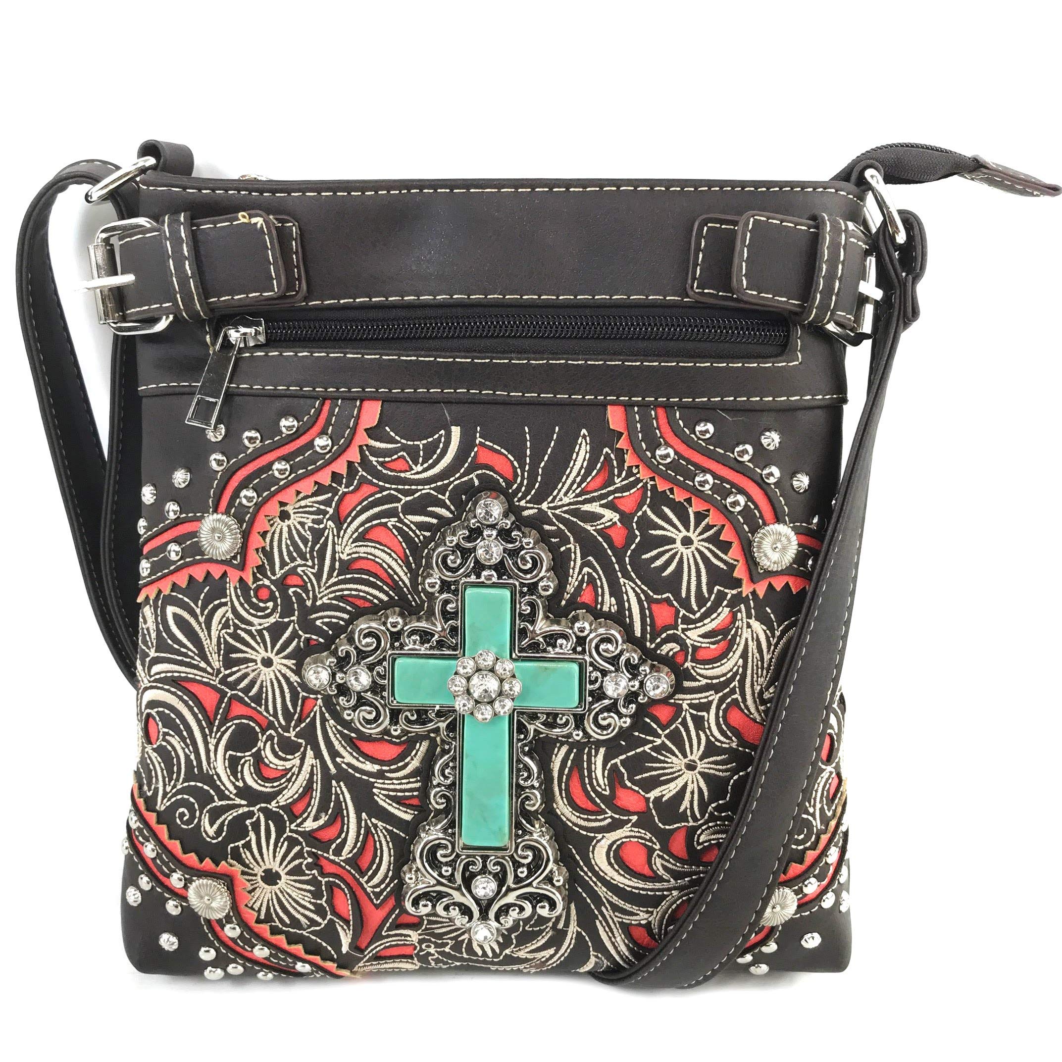 Stylish Western Autumn Floral Turquoise Crossbody Messenger Bag & Wallet Set for Women | Boho Chic Handbag with Cross Design | Perfect for Travel, Shopping, and Daily Use