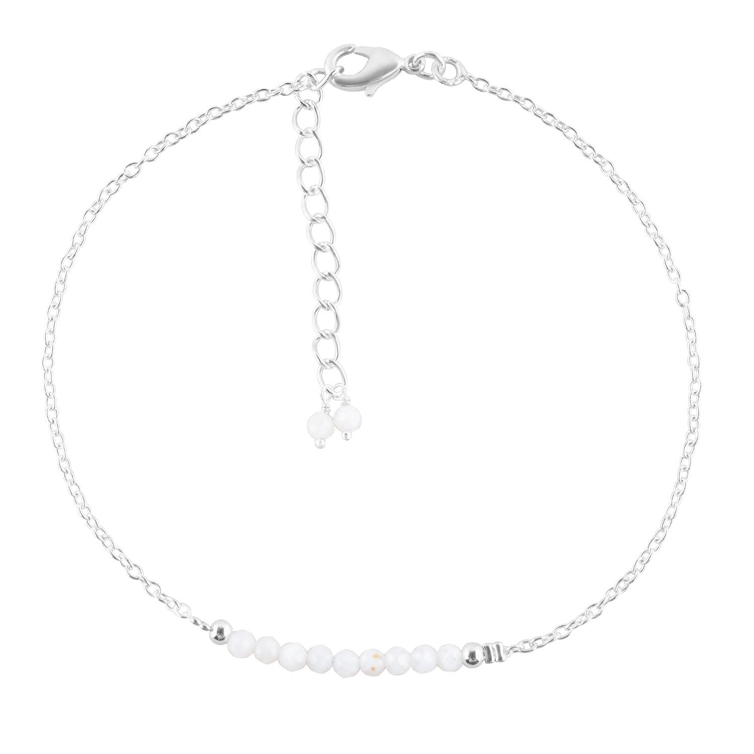 Natural White Moonstone Gemstone Beaded Anklet Bracelet - Handmade Silver Plated Adjustable Ankle Bracelet for Women | Spiritual Healing Jewelry, Mindfulness Gift for Yoga, Meditation & Boho Style