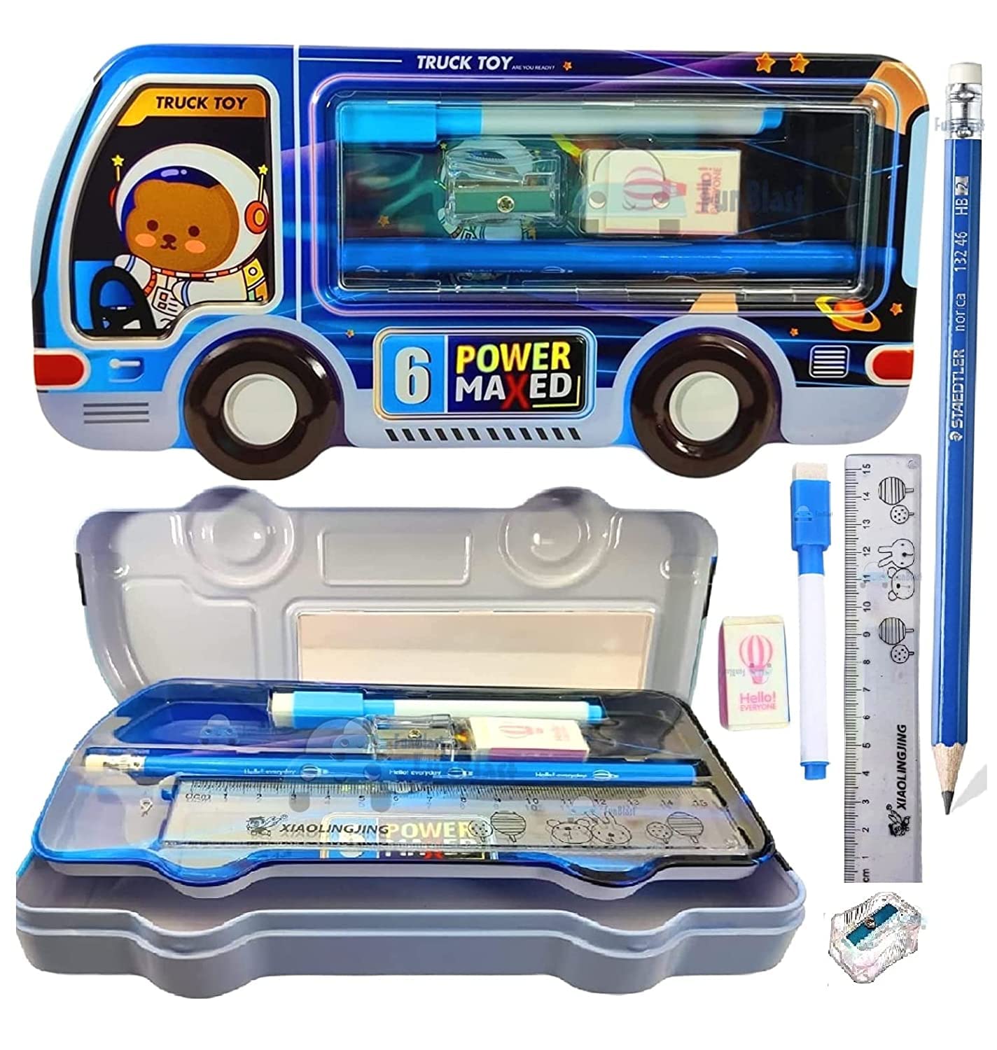 FunBlast Double Layer Metal Pencil Box Set for Kids - Includes Pencils, Eraser & Sharpener - School Stationery Organizer Case - Perfect for Classroom, Homework & Birthday Gifts (Blue)