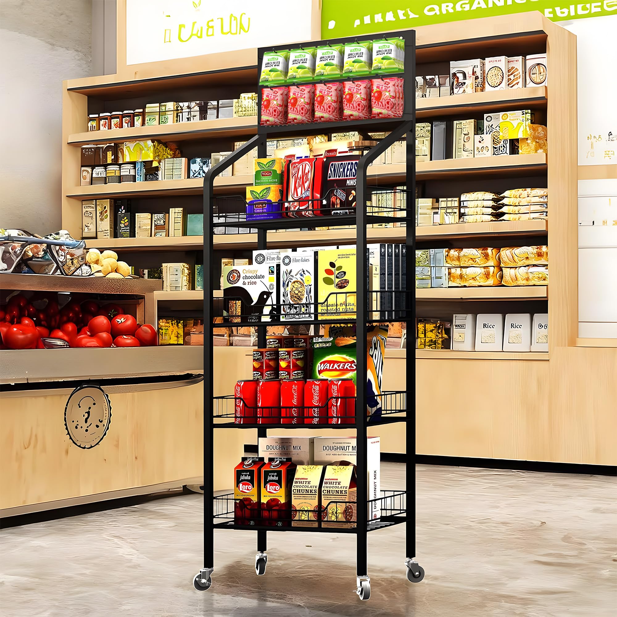4-Tier Metal Snack Display Rack with Wheels & Hooks - Black Candy Merchandise Organizer for Supermarket, Retail Store & Home Kitchen - Perfect for Snacks, Candy, Spices & Kitchen Storage