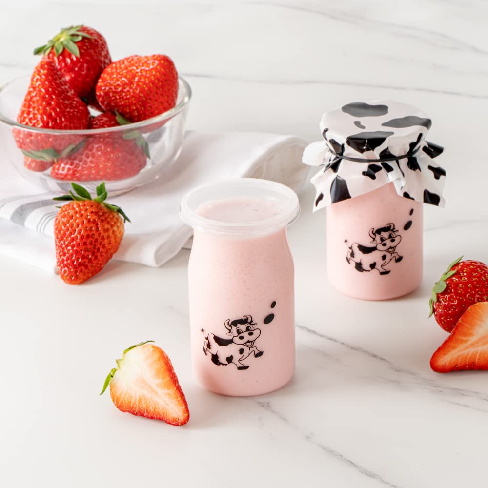 Restaurantware 5oz Disposable Yogurt Jars with Cow Print Lids - 100 Clear Plastic Pudding Containers for Snacks, Spices & Desserts | Perfect for Meal Prep, Party Favors & Takeout