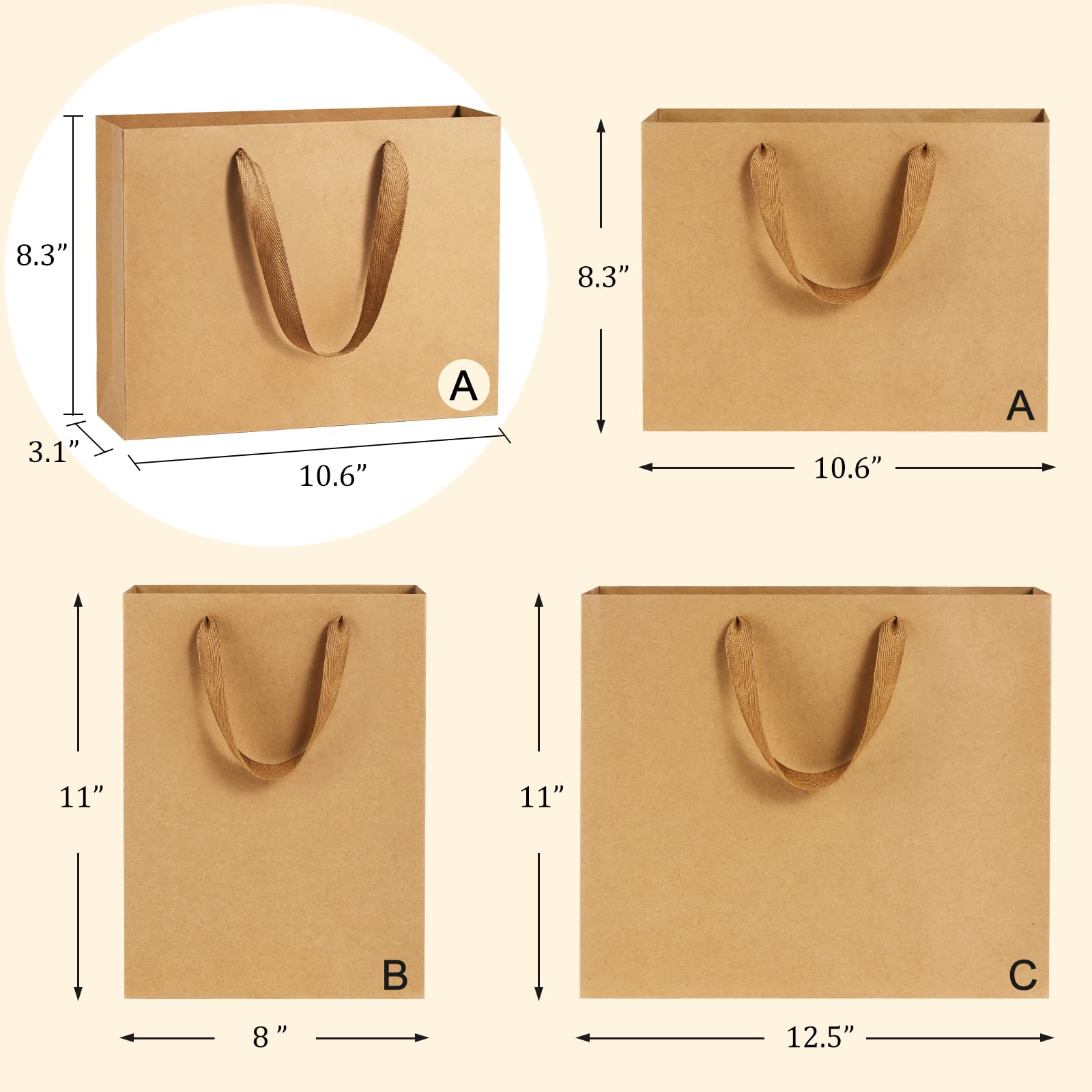 BagDream 25-Pack Heavy Duty Kraft Brown Paper Gift Bags with Handles 10.6x3.1x8.3 Inches - Eco-Friendly Soft Cloth Shopping Bags for Wedding Favors, Party Gifts, Retail Merchandise & Holiday Packaging