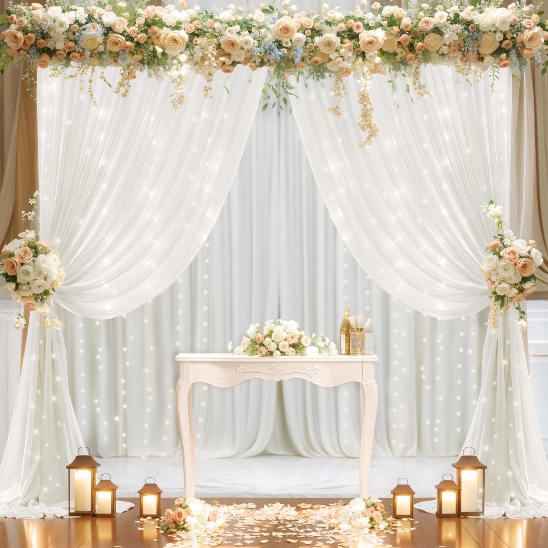 10x10ft Cream White Chiffon Backdrop with Fairy Lights - Elegant Wedding Decor, Baby Shower, Bridal Shower, Birthday Party & Reception Photo Backdrop - Perfect for Indoor/Outdoor Events & Photography Studio Background
