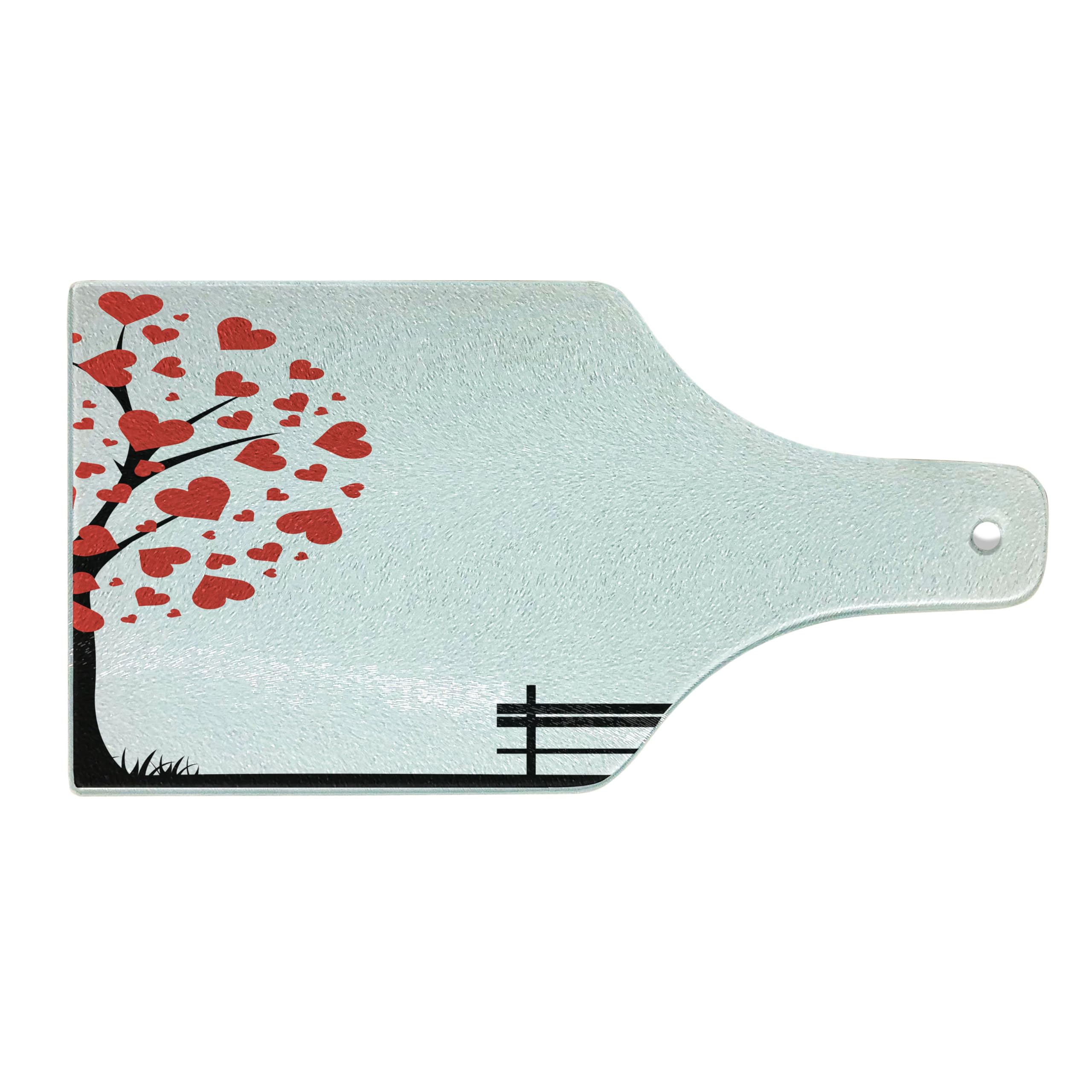 Ambesonne Romantic Tree Cutting Board - Heart-Shaped Leaves & Bench Design - Tempered Glass Serving Board for Wine & Cheese - Valentine's Day Gift & Kitchen Decor (Red & Black)