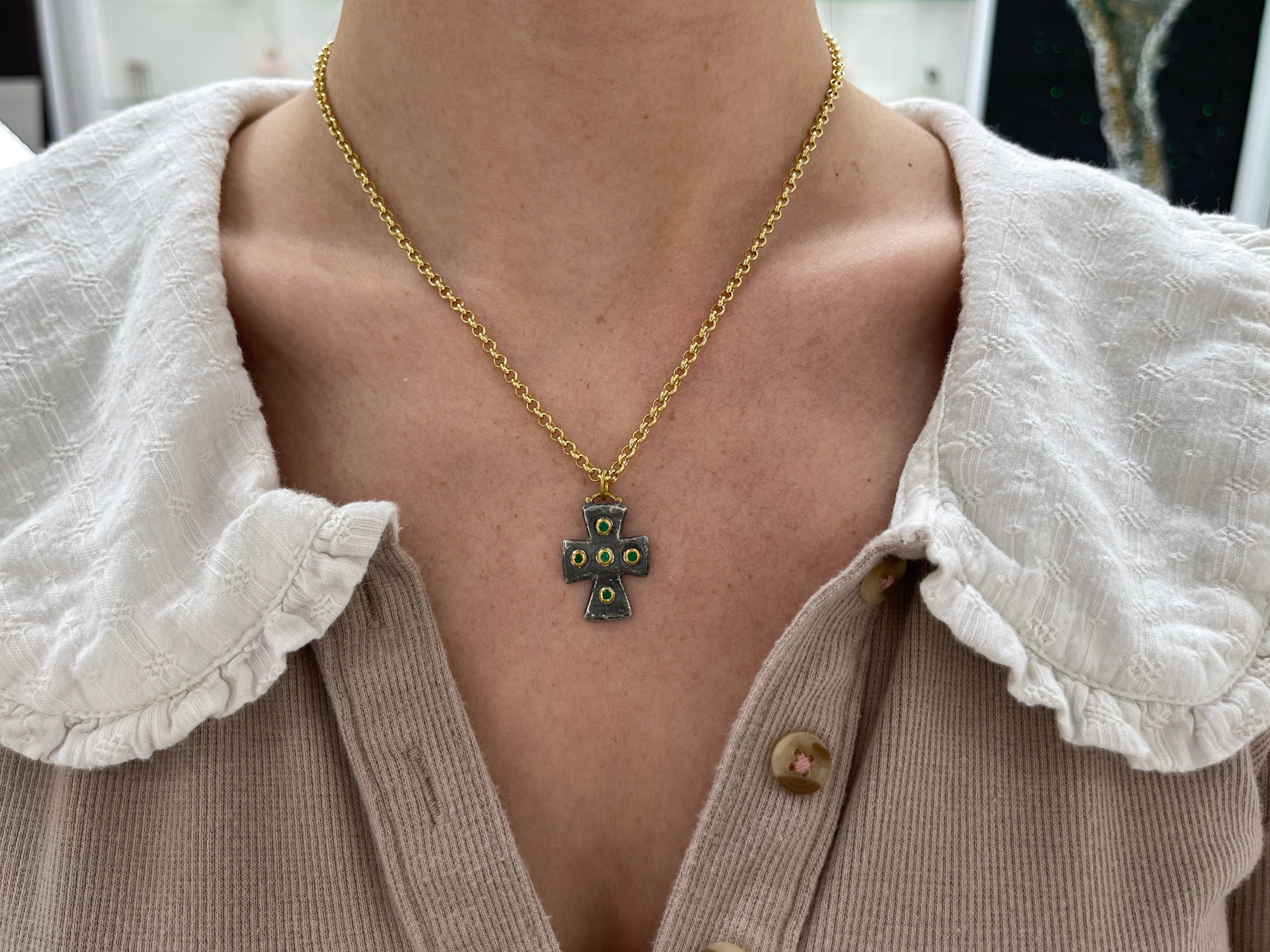 0.18tcw Byzantine 24K Gold & Sterling Silver Emerald Cross Pendant Necklace for Women - Elegant Religious Jewelry Gift for Baptism, First Communion & Christmas