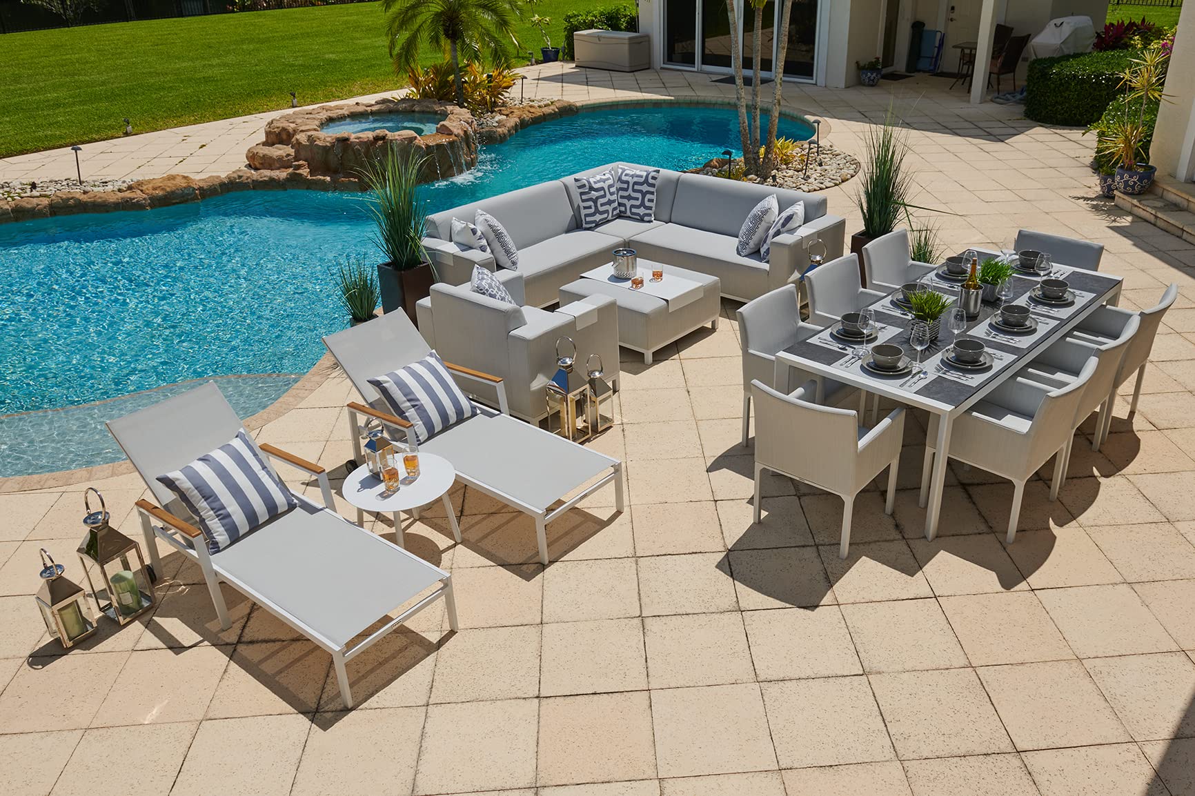 17-Piece Aluminum Outdoor Patio Furniture Set - Light Gray Sectional, 8-Seat Dining & Chaise Lounge Combo | Durable Weather-Resistant Patio Set for Backyard, Poolside & Garden Gatherings