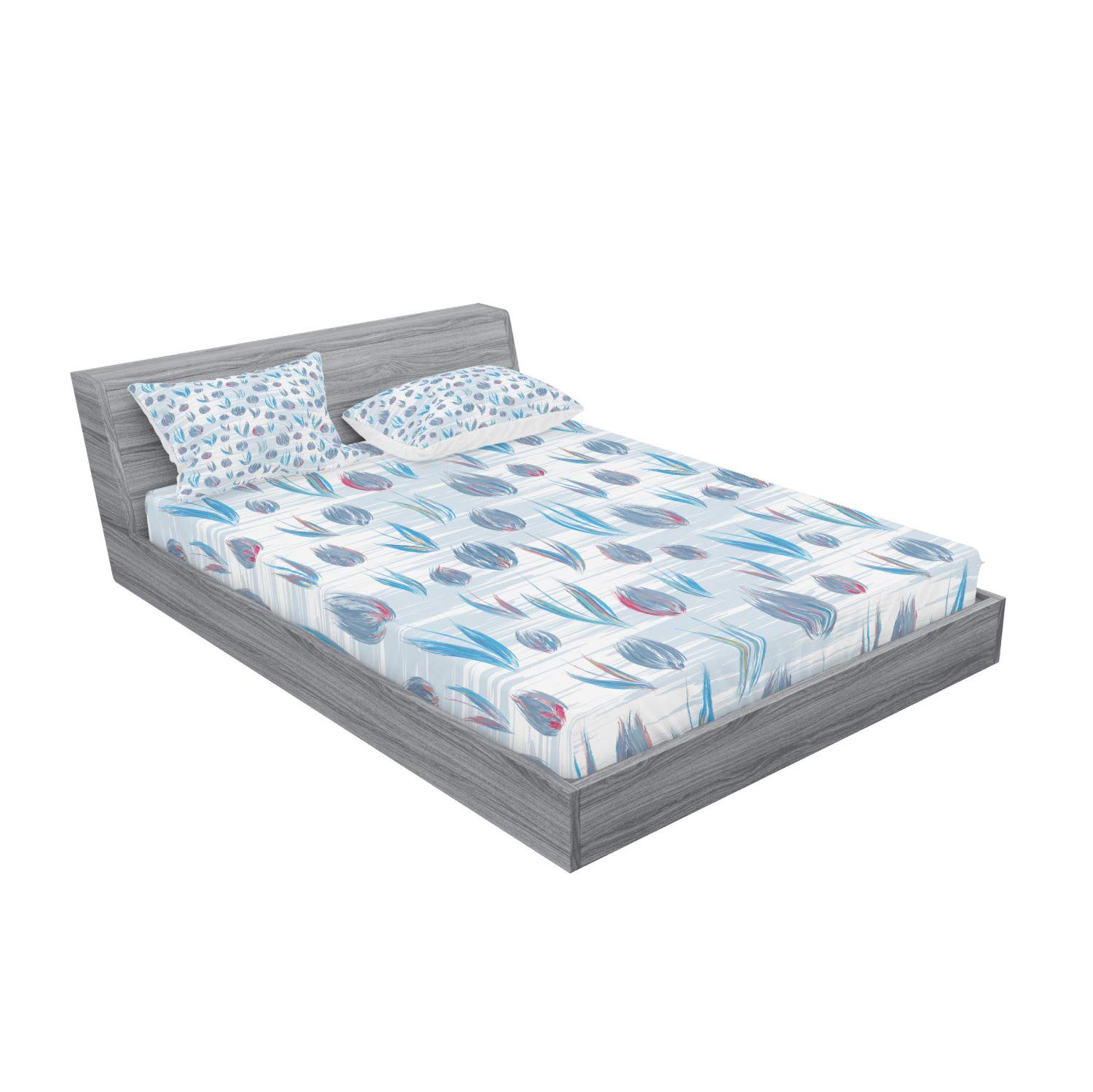 Ambesonne Tulip Printed 3-Piece Queen Bedding Set - Fitted Sheet & Pillow Shams with Vibrant Tiled Tulip Design in Blue | Perfect for Spring Bedroom Decor, Guest Room Makeover & Boho Chic Home Styling