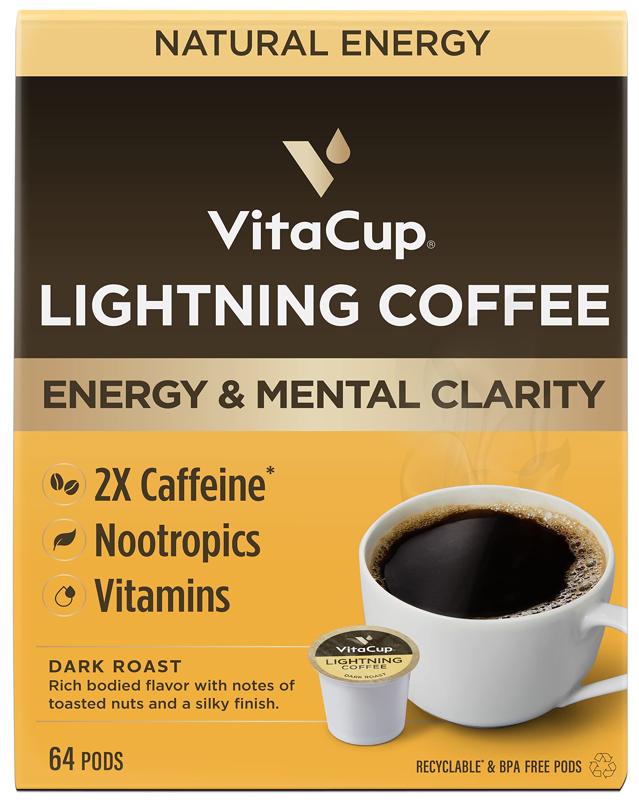 VitaCup Lightning Coffee Pods - 2X Caffeine Boost with Green Coffee Bean, B Vitamins & Vitamin D3 | Strong Dark Roast Arabica Single Serve Pods | Compatible with Keurig K-Cup Brewers (64 Count - 4 Packs of 16) | Perfect for Morning Energy, Work Focus & Study Sessions