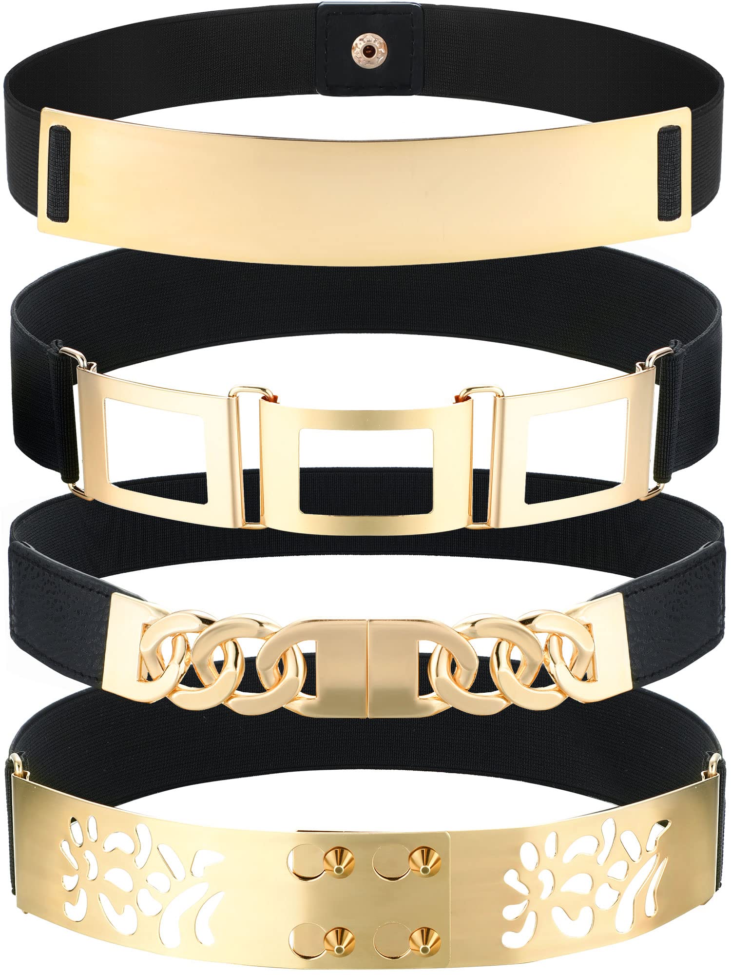 4 Pack Women's Stretch Waist Belts - Gold & Black Metal Chain Elastic Belts for Dresses | Skinny & Wide Fashion Belts for Casual, Party & Formal Wear