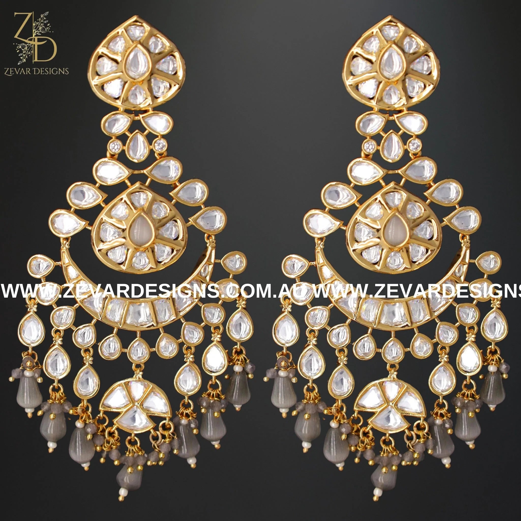 Exquisite Kundan Chandbali Earrings in Elegant Grey - Perfect for Weddings, Parties & Ethnic Fashion
