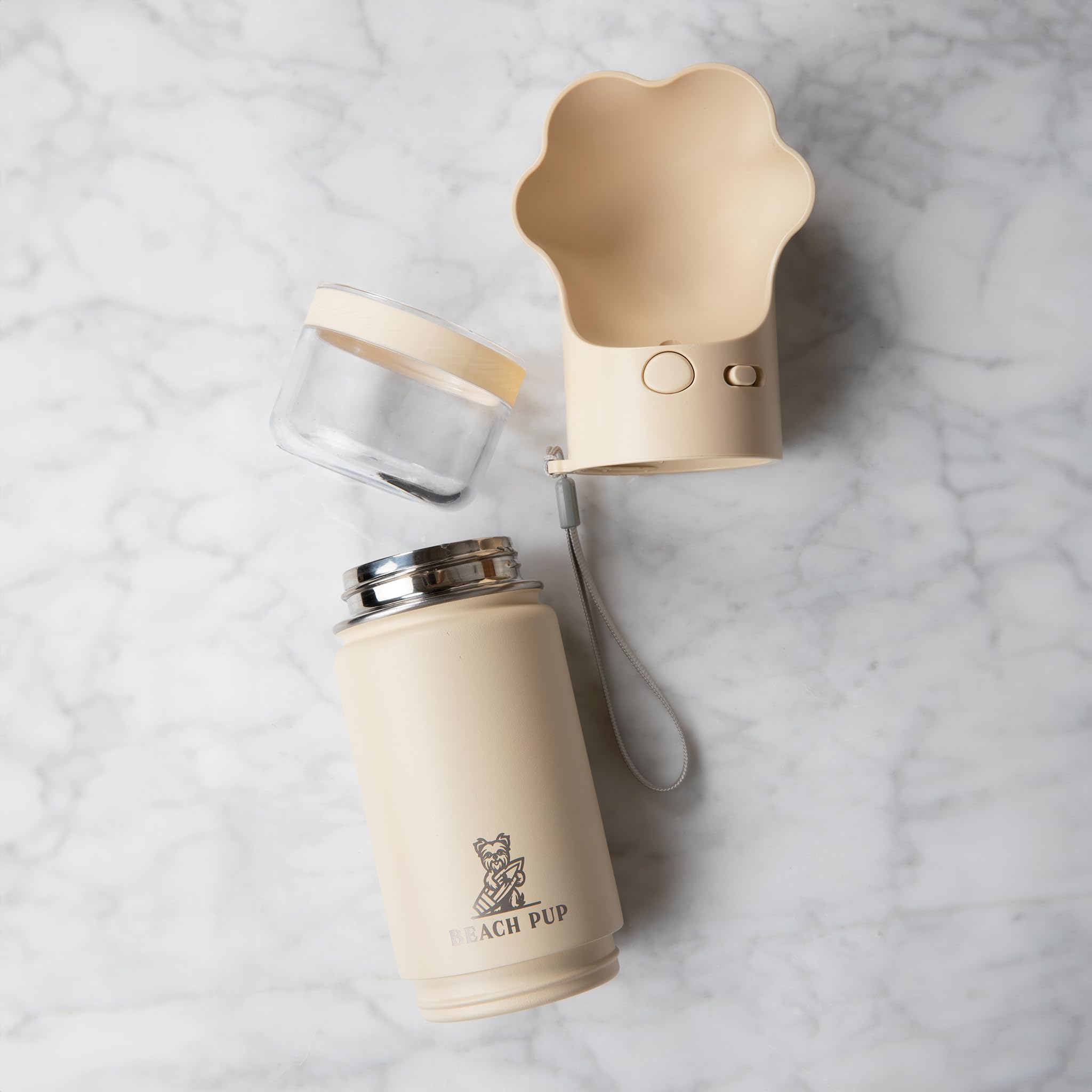 Stainless Steel Portable Dog Water Bottle with Food Container - 10 oz Leak-Proof Pet Water Dispenser with Bowl - Cream Color for Outdoor Hiking, Travel & Walks