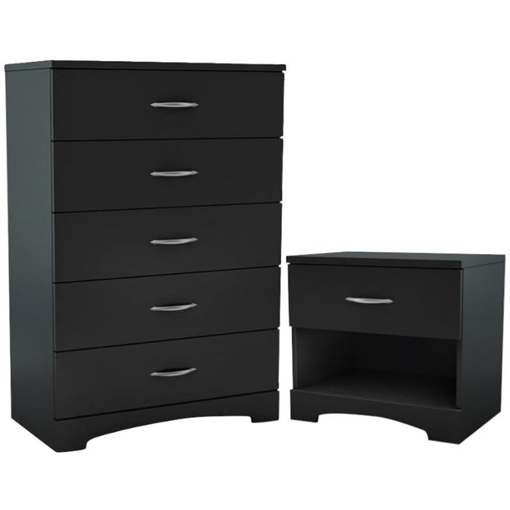 Modern 2-Piece Bedroom Furniture Set - 5-Drawer Tall Chest & Nightstand with Shelf, Black - Perfect for Small Spaces & Contemporary Bedroom Decor