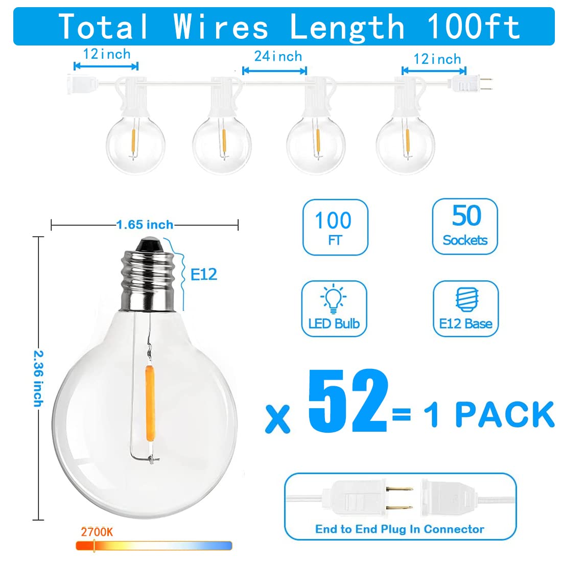 Abeja 100FT Outdoor String Lights - 52 Dimmable G40 Shatterproof LED Bulbs, 2700K Warm White Waterproof Connectable Patio Lights for Backyard, Garden, Wedding, Party & Porch Decor
