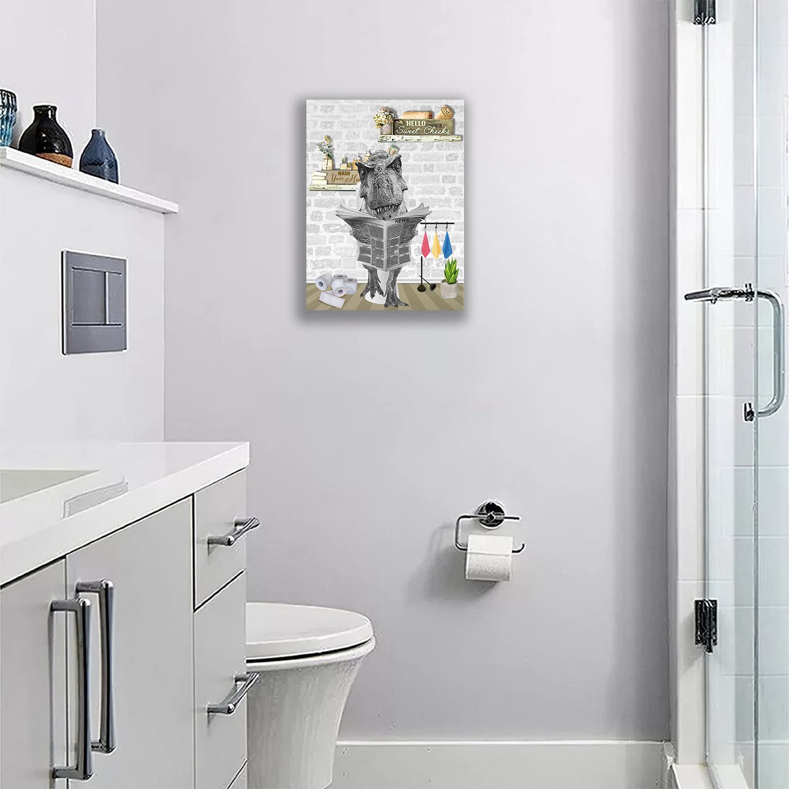 Funny Dinosaur on Toilet Canvas Wall Art - 16x20 Inch Framed Bathroom Decor Painting, Ready to Hang - Perfect for Bathroom, Kids Room & Dino Lover Gifts