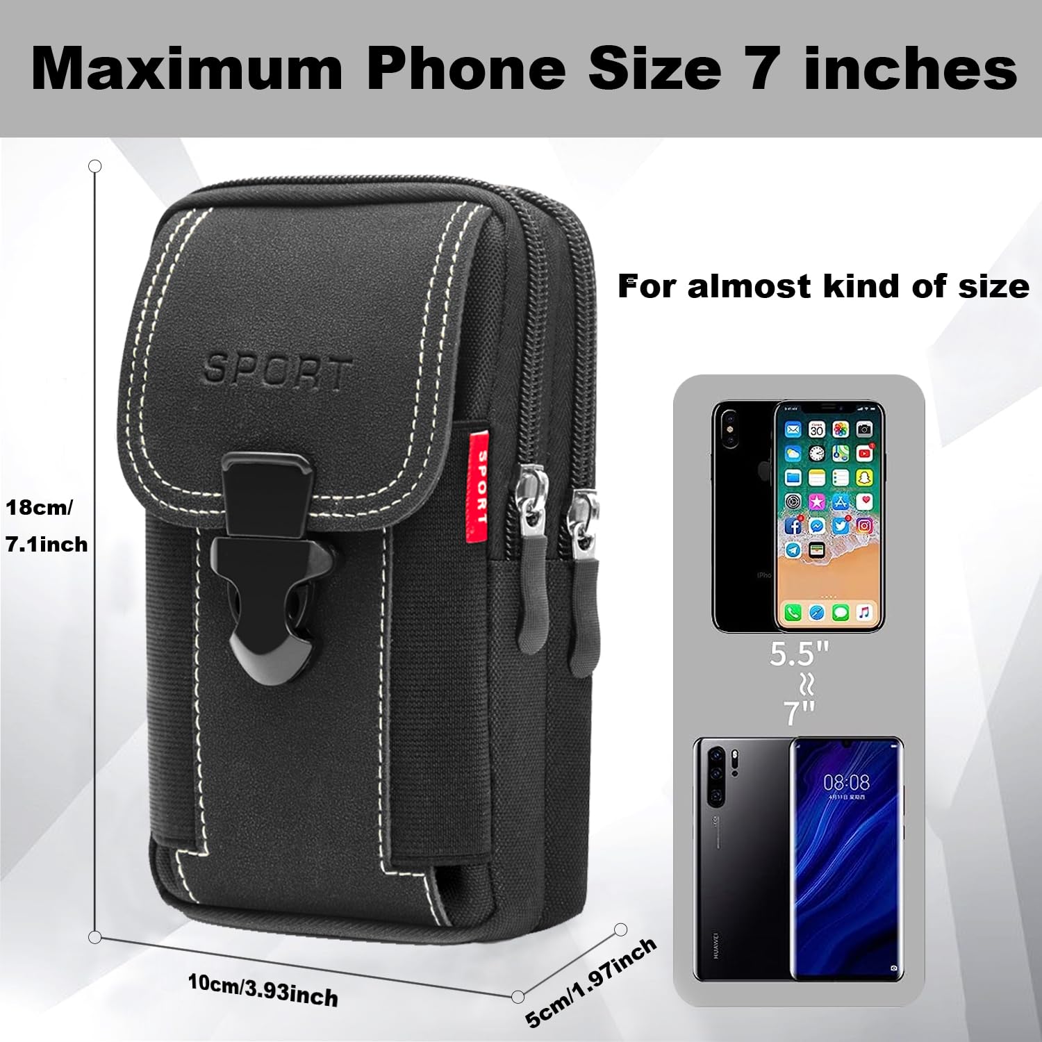 Tactical Cell Phone Holster for Men - Dual Phone Pouch Belt Bag with Belt Loop, Durable Black Phone Holder for Outdoor, Work, and Travel