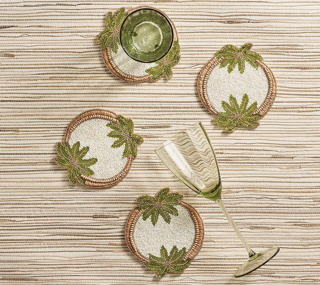 Premium Oasis Coasters Set of 4 - Elegant Ivory, Green & Gold Drink Coasters with Gift Bag - Perfect for Home Decor, Wedding Gifts & Party Supplies