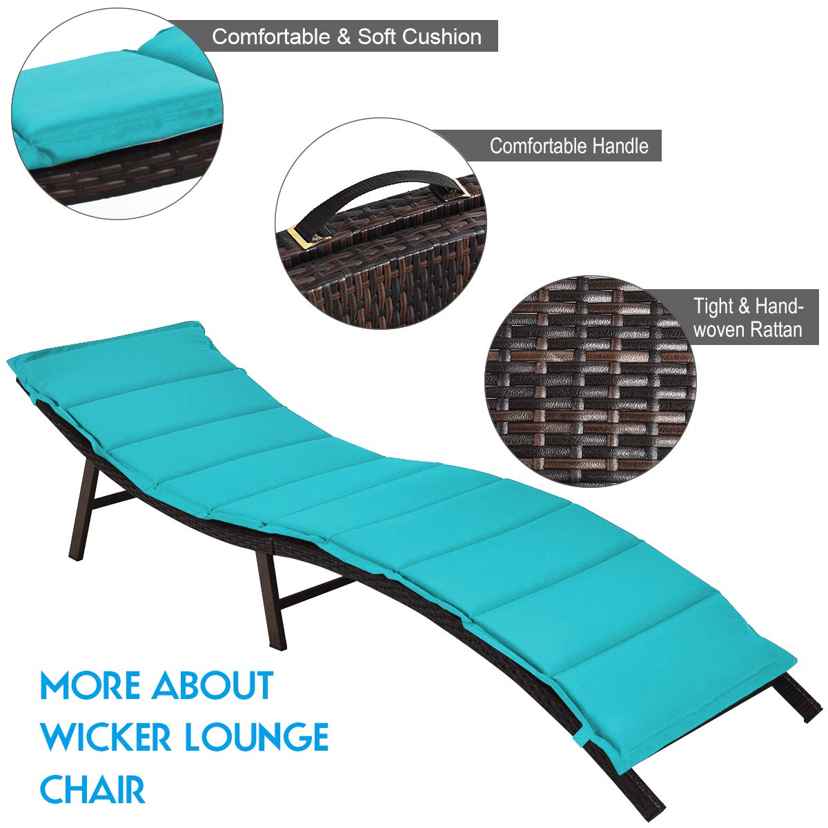 Tangkula Set of 2 Foldable Outdoor Patio Chaise Lounge Chairs with Double-Sided Cushions - Wicker Sunbeds for Poolside, Garden, Lawn, Backyard & Sunroom (Turquoise) - Perfect for Relaxing, Sunbathing and Outdoor Lounging