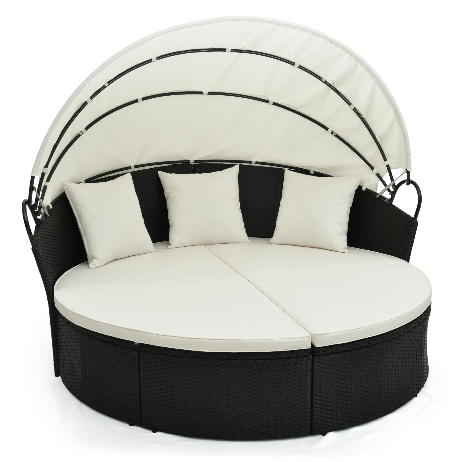 Tangkula Outdoor Patio Round Daybed with Retractable Canopy - Black Rattan Wicker Sectional Sofa with Cushions & Throw Pillows - Backyard Lounge Furniture for Poolside, Garden or Deck (Off White)