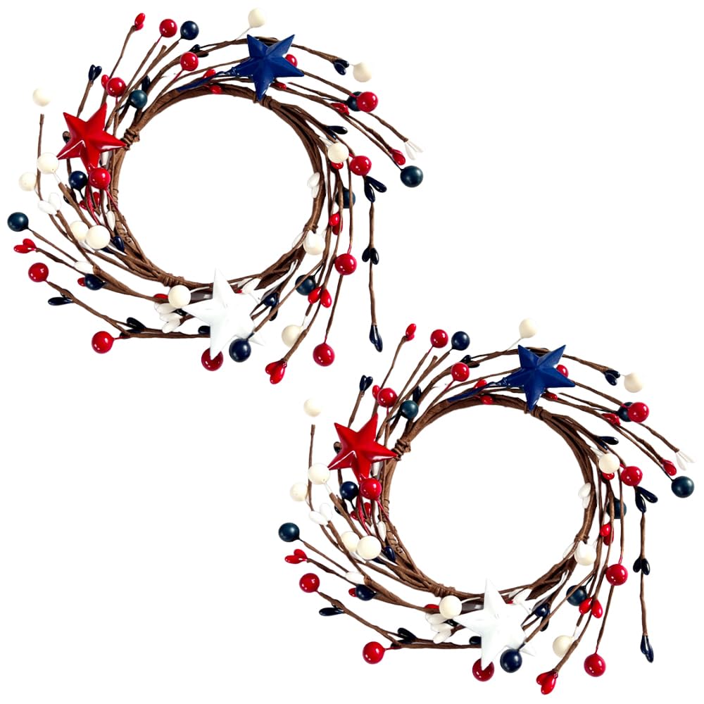 2 Pack Patriotic Candle Rings Wreaths - Red White & Blue Mixed Berries Decor for 4th of July, Summer, Christmas - 9 Inch Artificial Candle Holders for Home, Kitchen, Table Centerpiece Decorations (Blue, 2 Pieces) - Perfect for Independence Day Parties, Thanksgiving, Holiday Tablescapes & Seasonal Home Decor