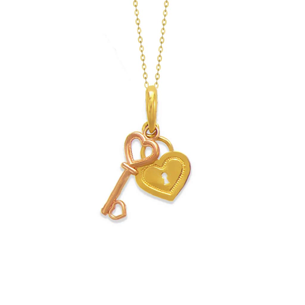 14K Two Tone Gold Heart and Key Pendant Necklace - Elegant Luxury Jewelry Gift for Women, Perfect for Valentine's Day, Anniversary & Birthday Gifts