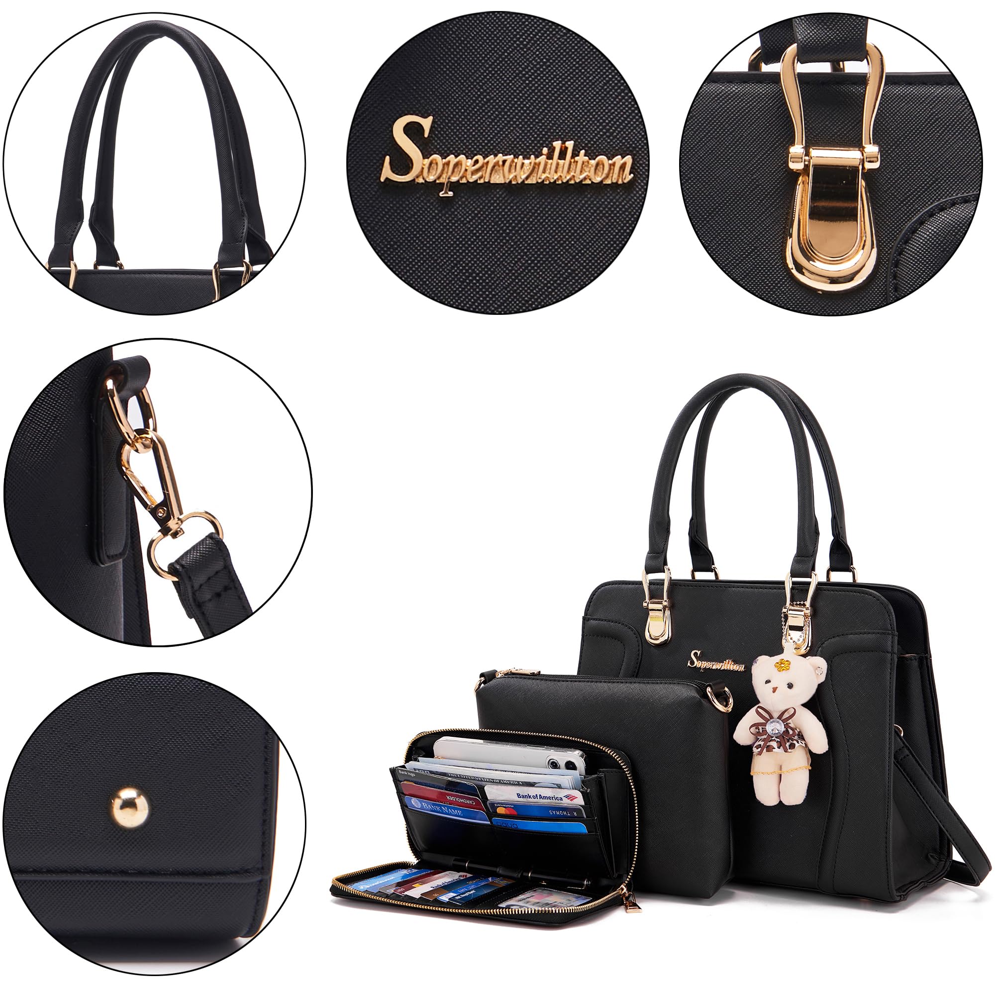 Soperwillton Women's Crossbody Shoulder Handbag Set - 3 Piece Tote, Satchel & Wallet Combo for Work, Travel & Everyday Use