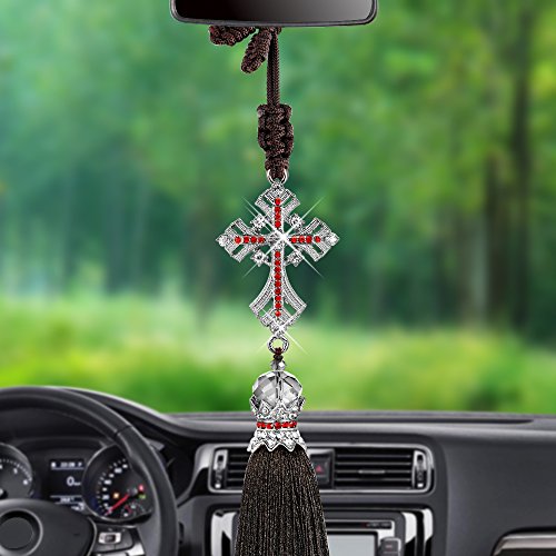 Follicomfy Car Pendant - Crystal Diamond Jesus Cross Hanging Decor for Christian Automobile Accessories (Silver) | Perfect for Rearview Mirror Decoration & Spiritual Protection While Driving