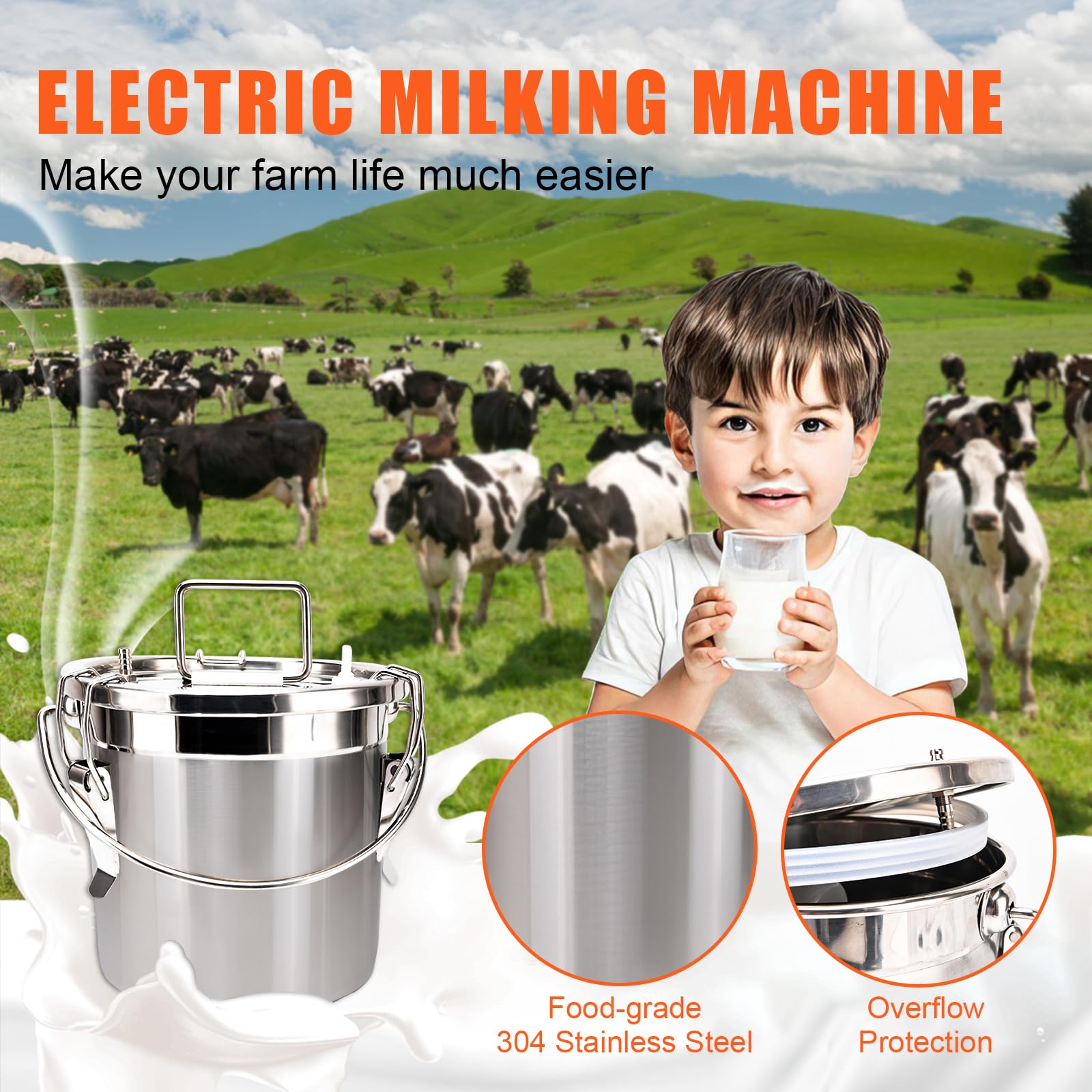 Portable Goat Milking Machine 6L - Stainless Steel Pulsating Vacuum Pump for Cows & Goats - Adjustable Speed & Auto Stop Valve - Easy Cleaning 304 Bucket | Ideal for Small Farms, Homesteads & Dairy Production