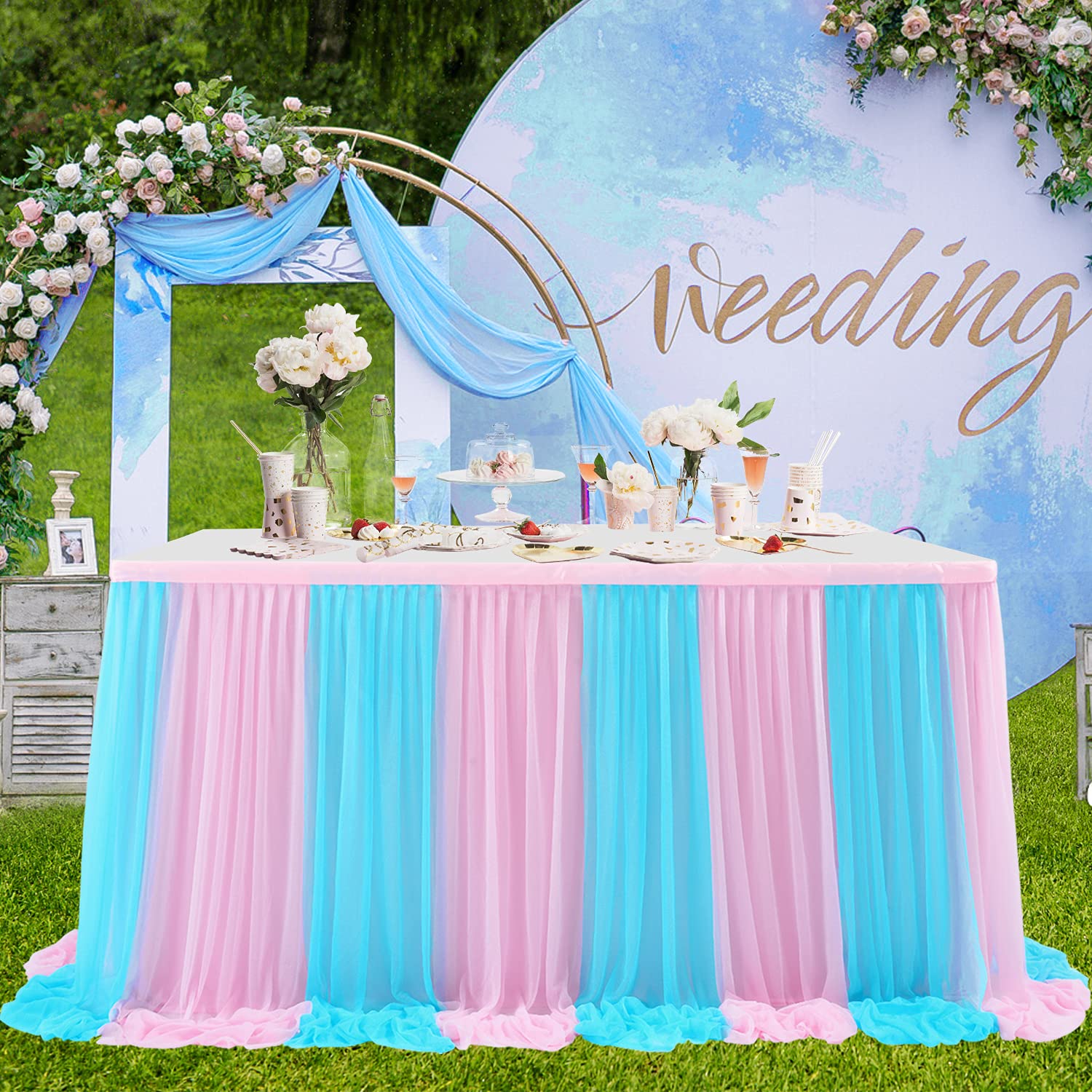 6ft Pink & Blue Tulle Table Skirt - Gender Reveal & Baby Shower Decor for Parties