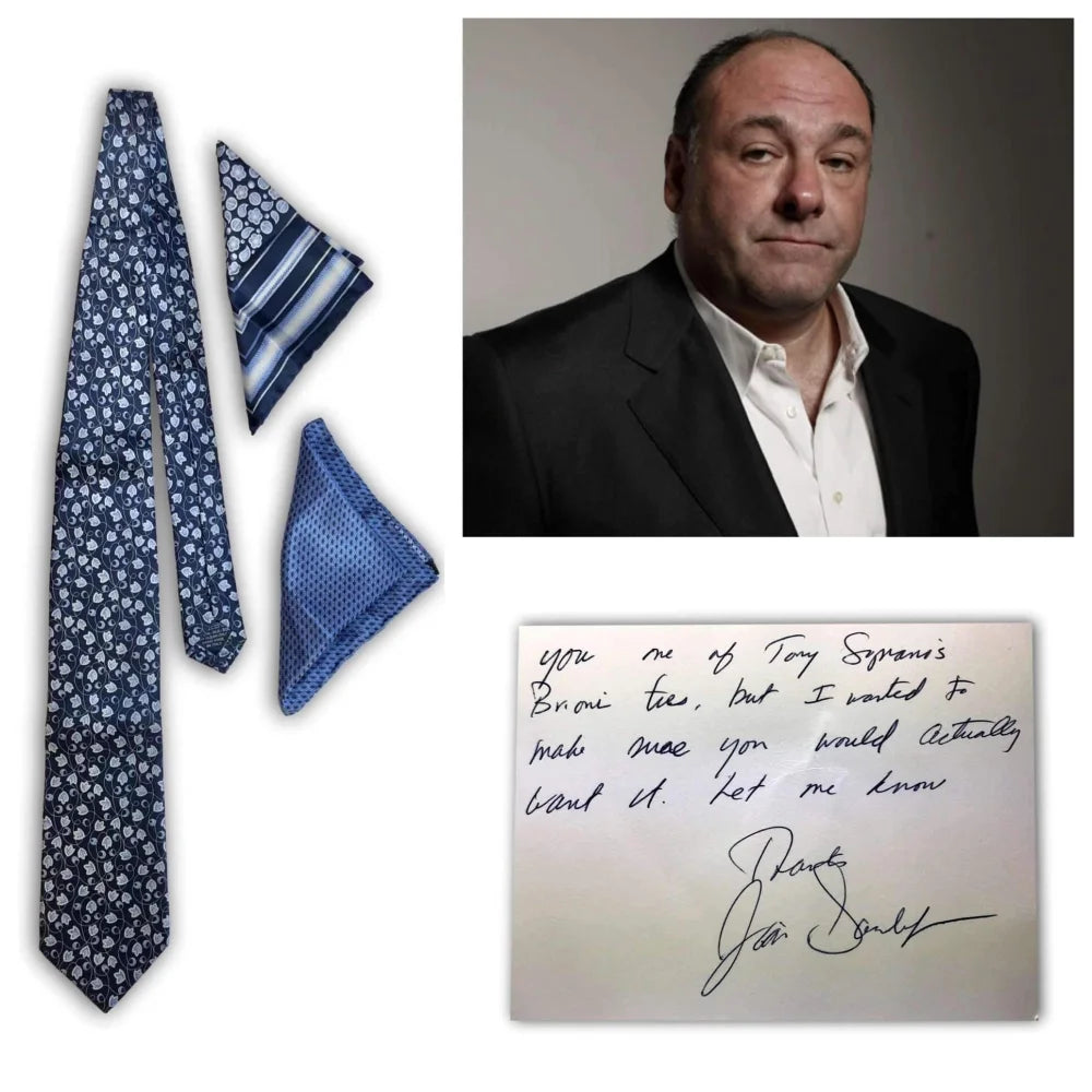 Authentic James Gandolfini Autographed Tie & Handkerchief Set from The Sopranos - Tony Soprano Memorabilia with COA - Perfect for TV Show Collectors and Sopranos Fans Display