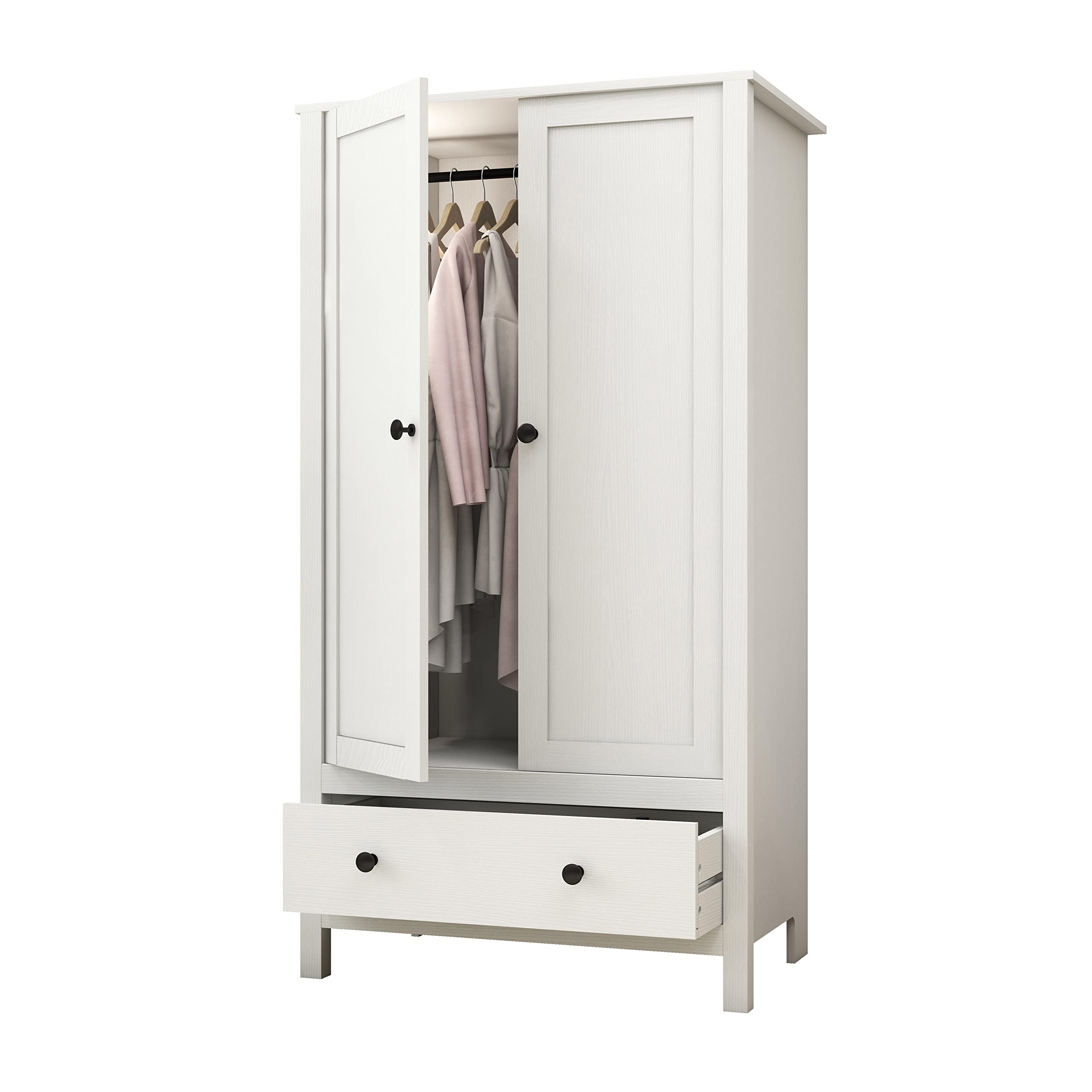 Panana 2 Door Wardrobe Closet with Drawer - White Wooden Armoire for Bedroom Storage | Perfect for Organizing Clothes, Shoes & Accessories in Master Bedroom, Guest Room or Dorm