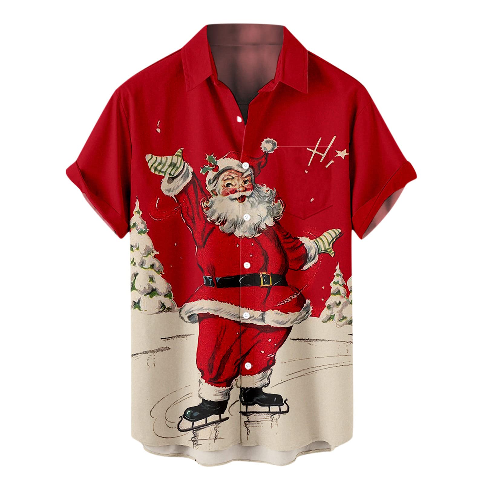 Men's Christmas Short Sleeve Shirt - Santa Print Holiday Party Dress Shirt - Festive Button Down Tee for Xmas Gatherings, Office Parties & Family Celebrations