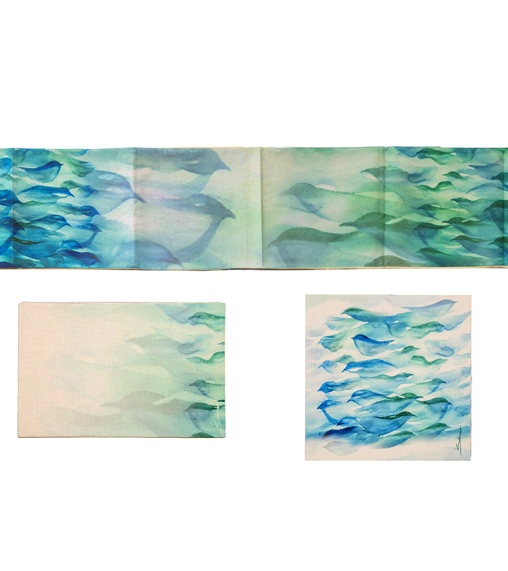 Sabado Blue Birds Table Runner Set - Elegant Floral Printed Dining Table Decor for Thanksgiving, Christmas & Special Occasions