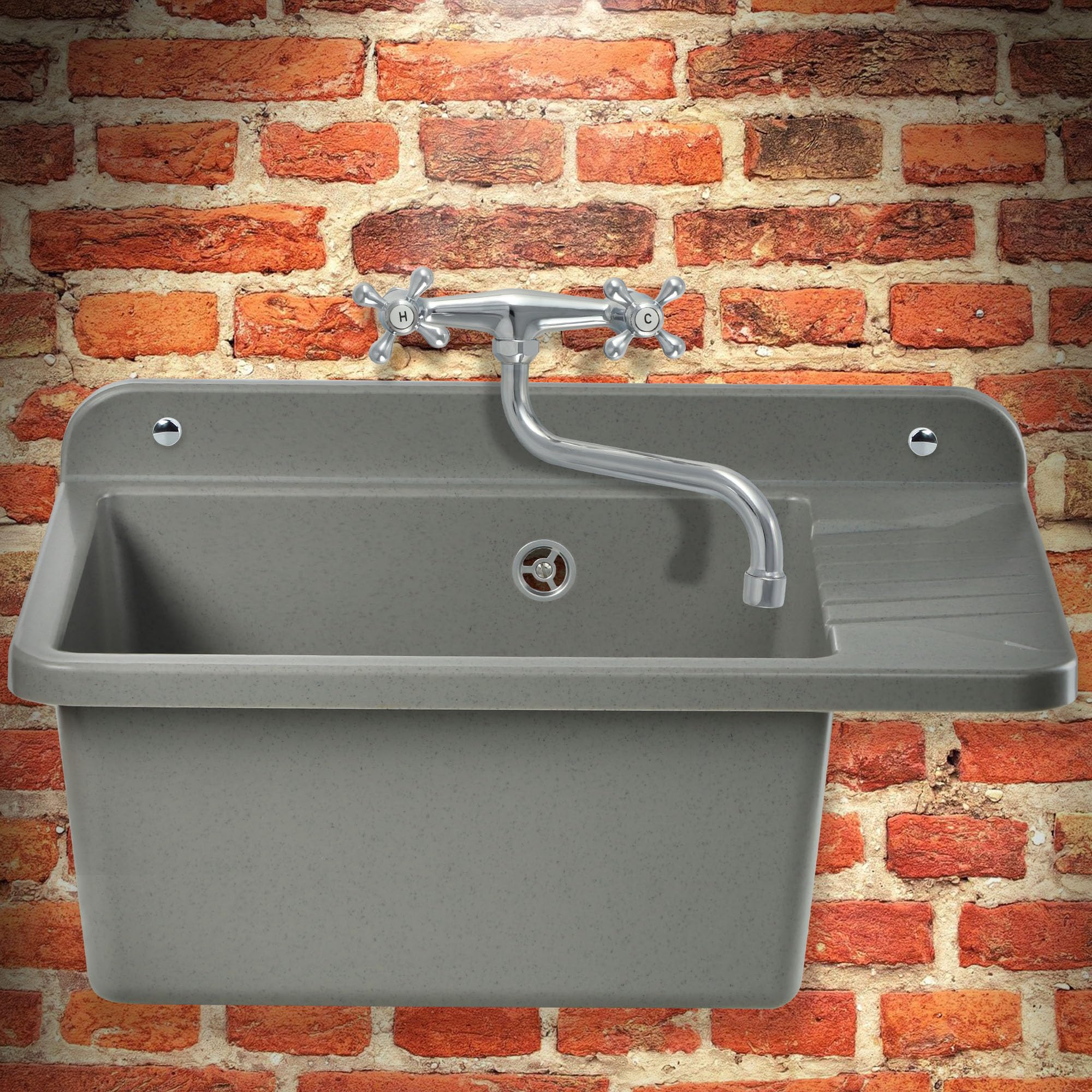 GOSPO 50.5 x 34 x 26.5 cm Polypropylene Kitchen Sink with Professional Siphon & Mounting Kit - Durable Grey Utility Sink for Home, RV, Laundry Room & Outdoor Use