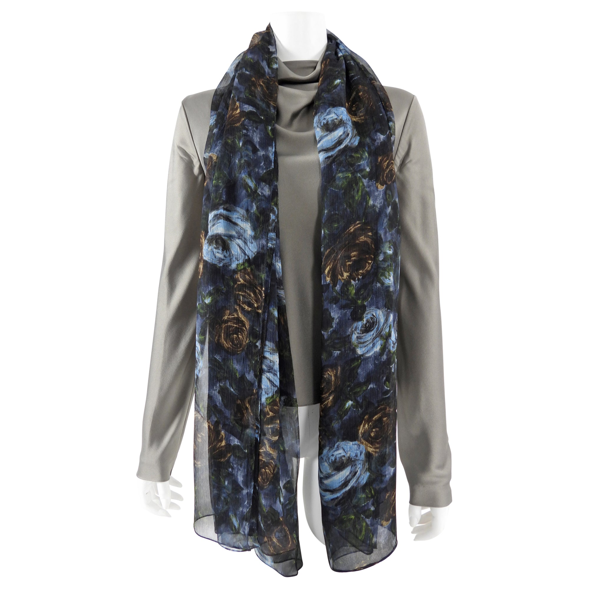 Dolce & Gabbana Blue Floral Silk Chiffon Scarf - Lightweight Sheer Shawl Wrap for Women, Elegant Fashion Accessory for Evening Parties, Weddings & Special Occasions