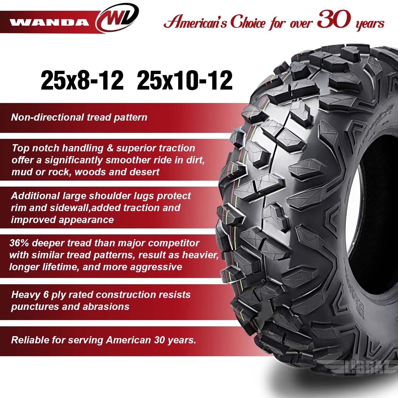 WANDA Set of 4 ATV/UTV Tires 25X8-12 & 25X10-12 - Compatible with 2006-2014 SUZUKI KING QUAD 700 & 750 - All-Terrain Off-Road Tires for Hunting, Farming & Trail Riding