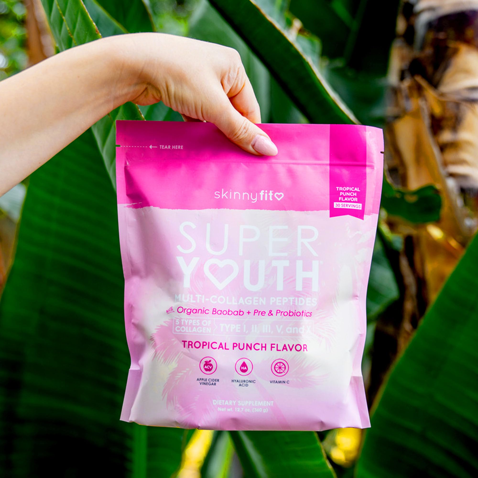 SkinnyFit Super Youth Tropical Punch Multi-Collagen Peptides + Probiotics with Baobab Fiber, Apple Cider Vinegar, Hyaluronic Acid & Vitamin C - Supports Skin, Hair, Joint Health & Metabolism - 30 Servings for Women's Wellness & Beauty Routine