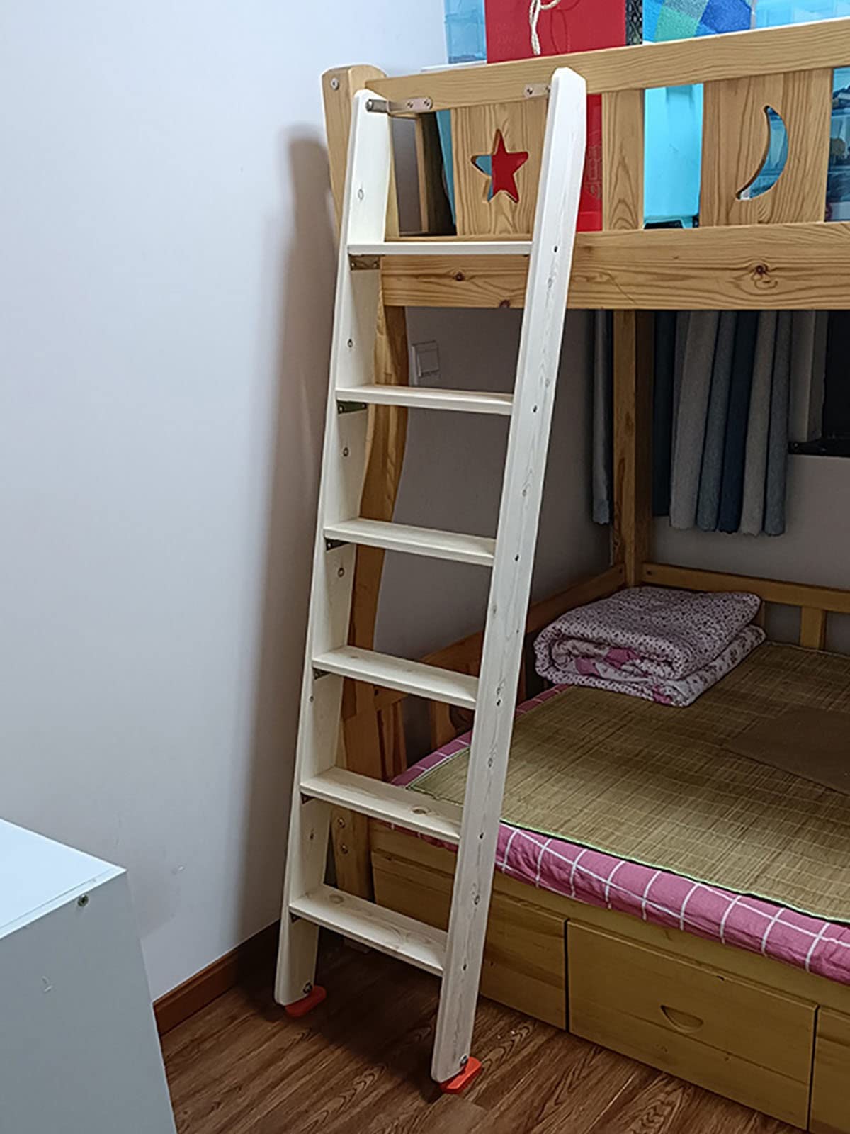 6-Step Wooden Bunk Bed Ladder with Anti-Slip Rubber Pads - 175cm/68.9in Height - Sturdy Step Stool for Kids & Adults - Perfect for Homes, Hotels, Dorms & Loft Beds (Safe Climbing Accessory for Bunk Beds)