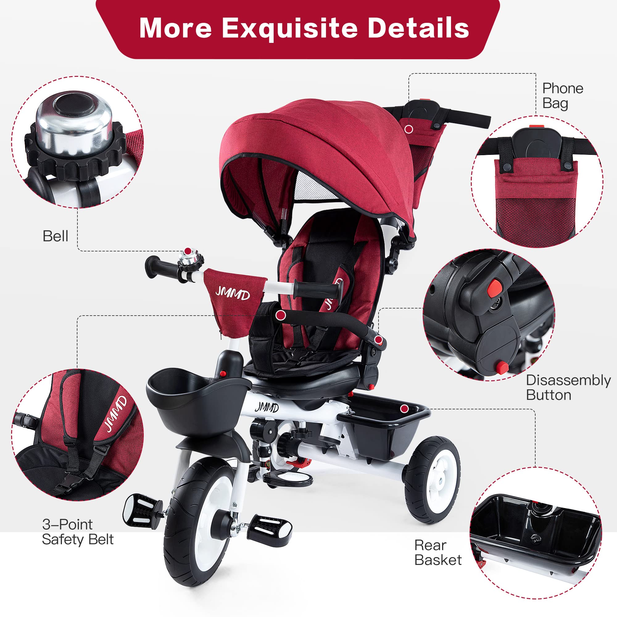 JMMD 6-in-1 Baby Tricycle Stroller with Adjustable Push Handle, Removable Canopy & Safety Harness - Convertible Toddler Trike for 6 Months to 5 Years Old (Red) | Perfect for Outdoor Walks, Park Rides & Learning to Pedal