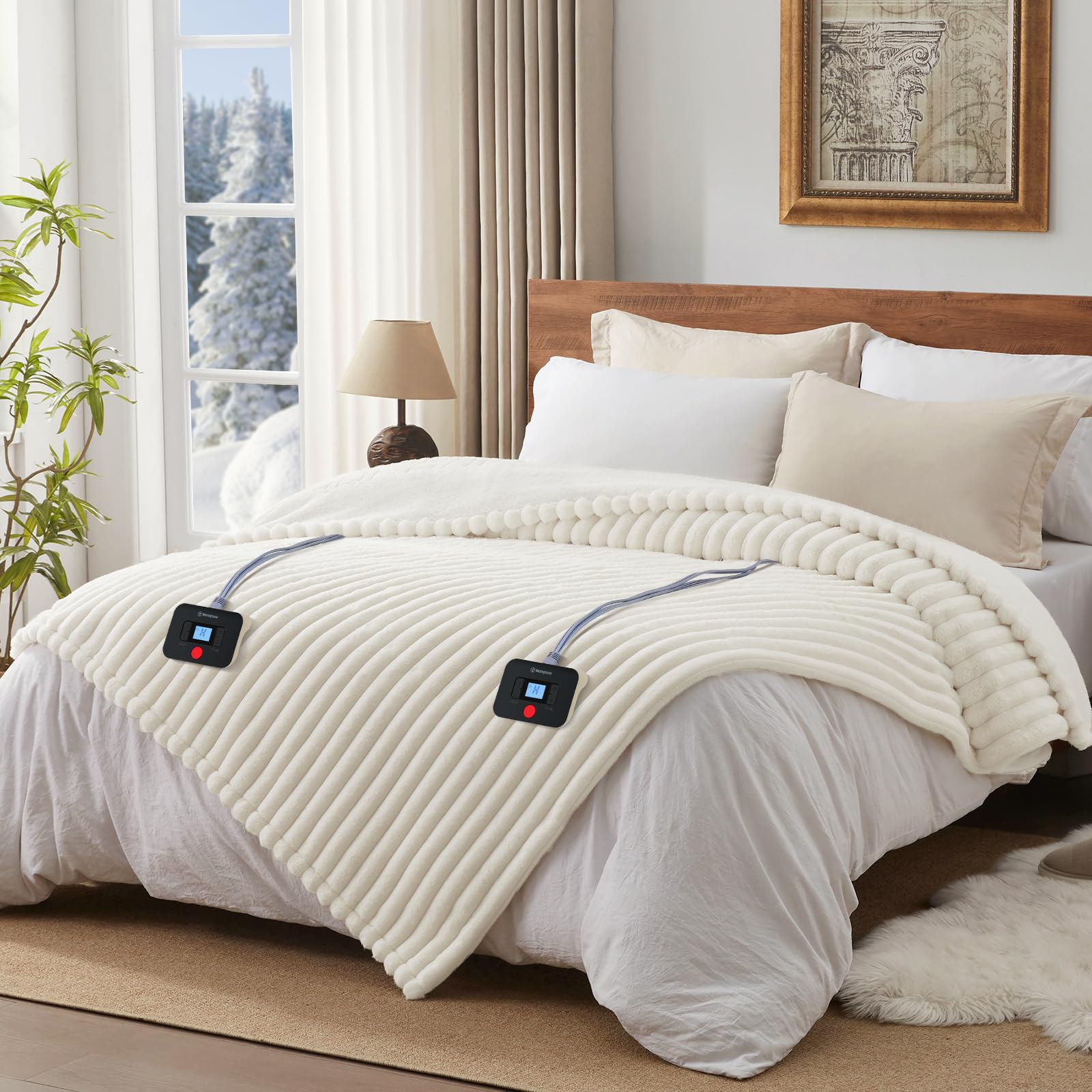 Westinghouse Electric Heated Blanket Queen Size - 84x90 Inch Ultra Soft Faux Fur & Sherpa Blanket with 10 Heat Settings, 1-12 Hour Auto Shutoff, Machine Washable - Perfect for Bed, Couch & Winter Nights (Beige)