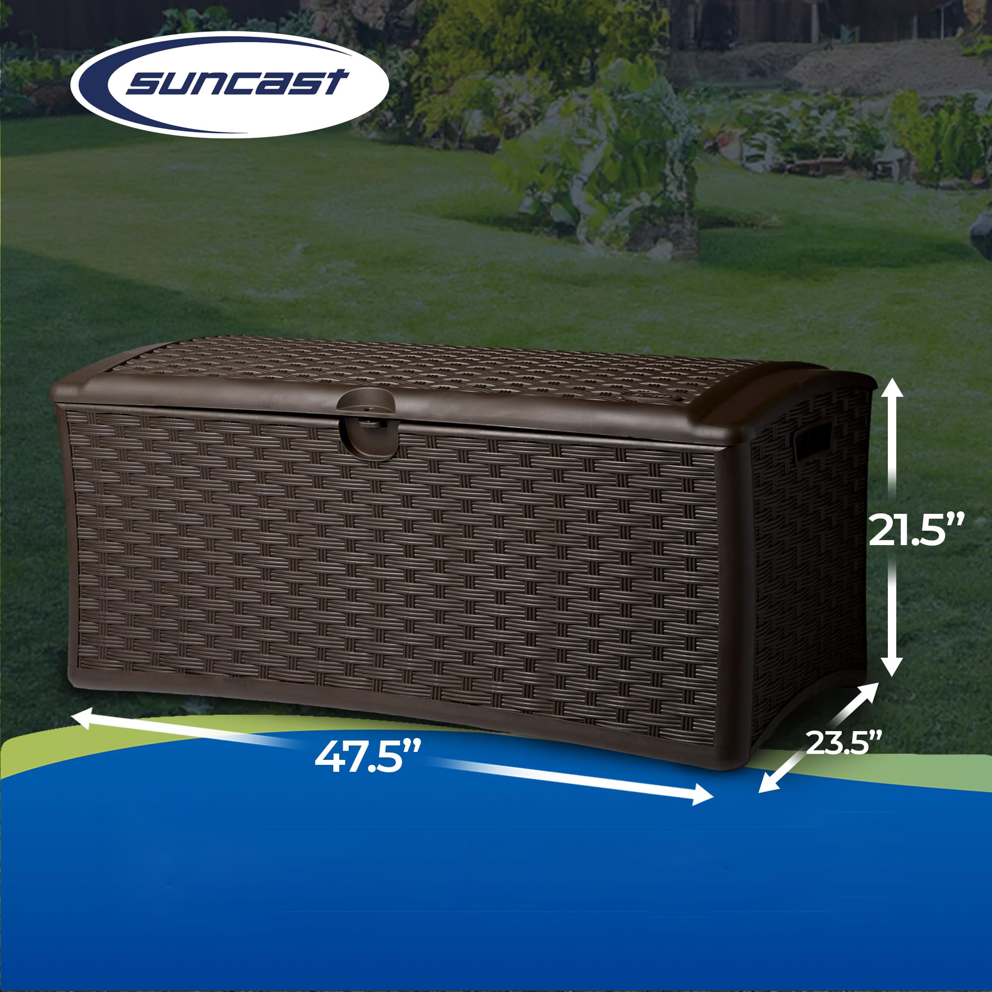 Suncast 72 Gallon Outdoor Storage Deck Box - Easy Assembly Plastic Wicker Patio Furniture Cover for Cushions, Pillows & Accessories | Weather-Resistant Deck Box for Backyard, Poolside & Garden Organization (Brown)