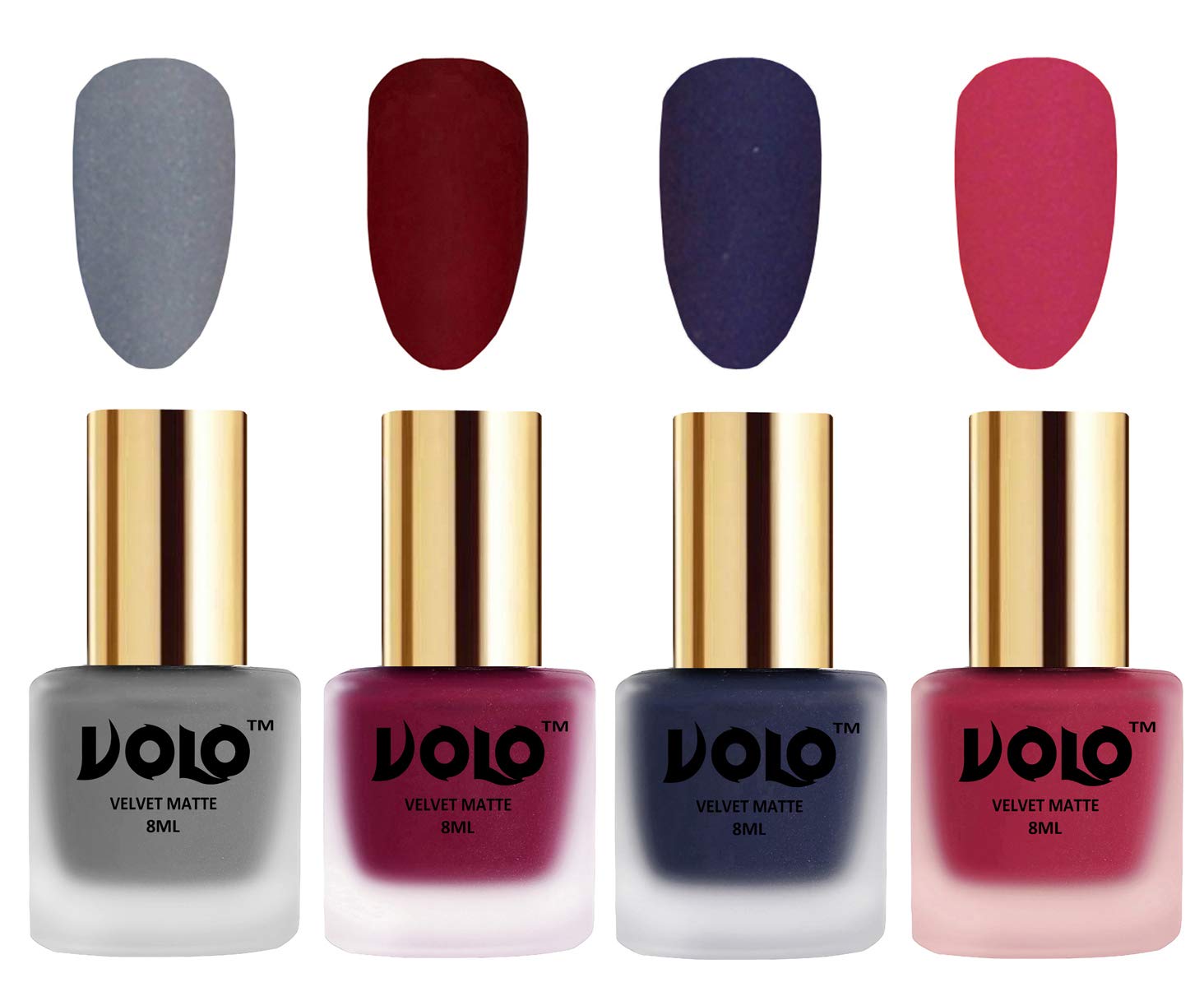 Volo Velvet Matte Nail Polish Set - 4 Colors (Grey, Carrot Red, Navy Blue, Passion Pink) 32ml Each | Long-Lasting, Non-Chip Formula for Parties, Weddings & Special Occasions
