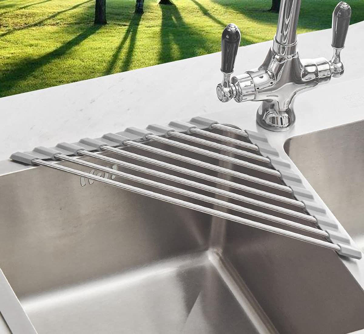 Premium SUS304 Stainless Steel Dish Drying Rack - Space Saving Over Sink Corner Dish Drainer, Kitchen Organizer & Sink Caddy for Countertop (Gray) - Perfect for Small Kitchens, Apartments & RV Living